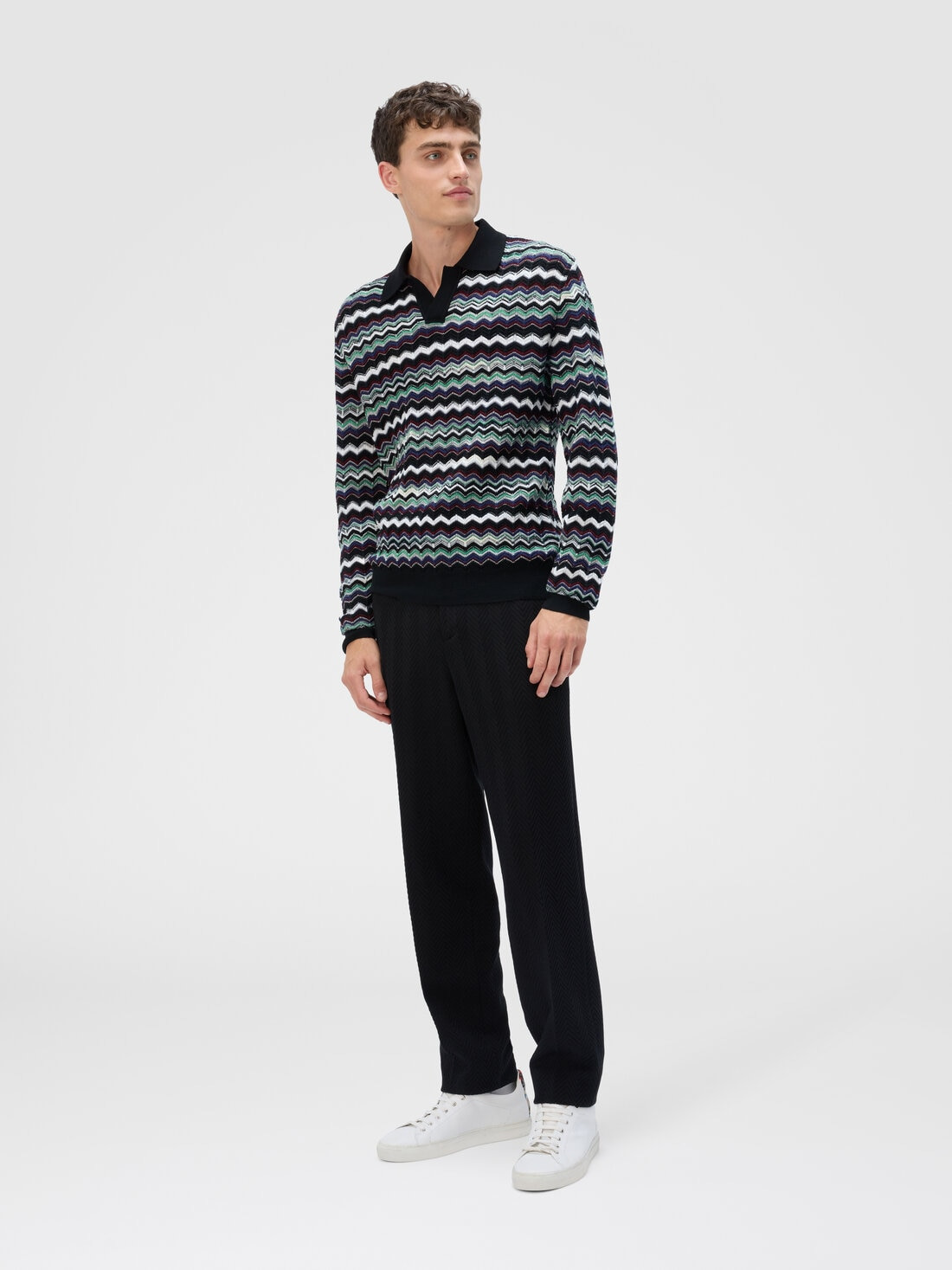 Long Sleeve Polo with V-Neck and Zigzag Pattern - 2