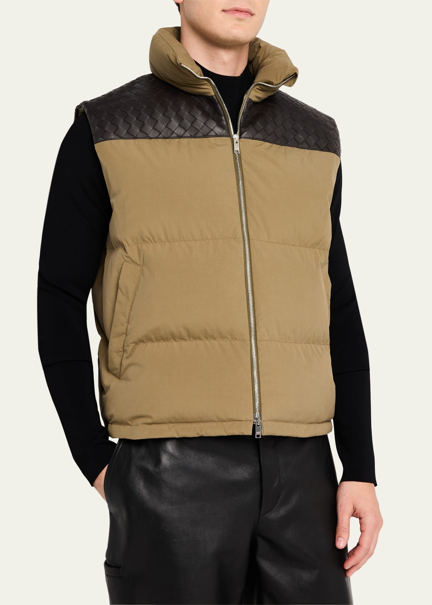 Men's Cotton and Intrecciato Leather Puffer Vest - 4