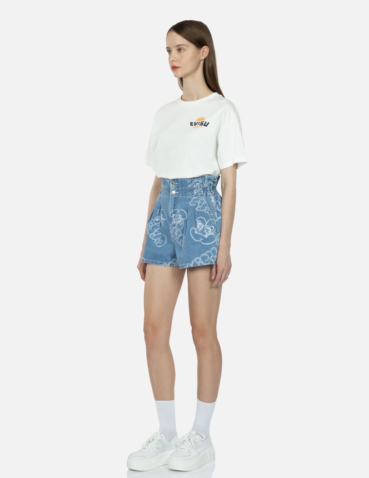 ALLOVER GRAFFITI DARUMA AND LOGO LASER-PRINT DENIM SHORTS - 3