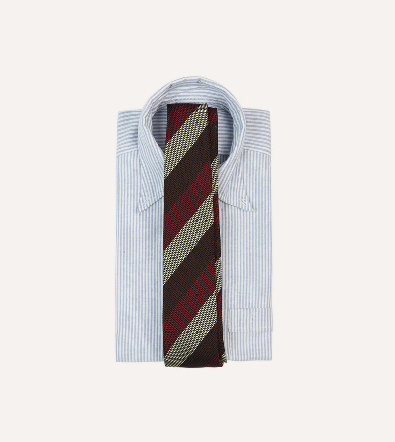 Drake's Brown, Red and Ecru Block Stripe Hand Rolled Silk Grenadine Tie outlook