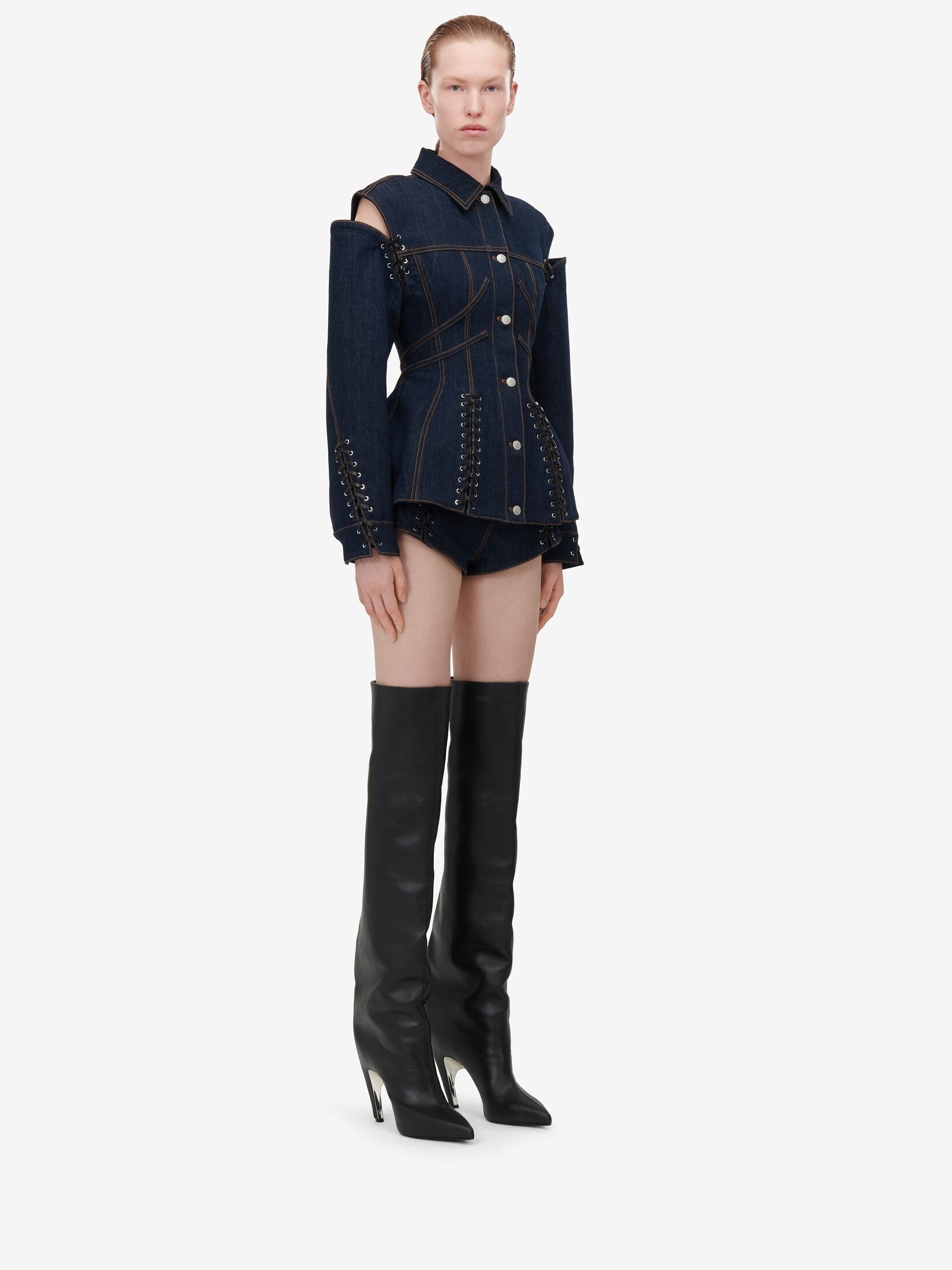 Women's Lace Detail Slashed Denim Jacket in Denim - 3