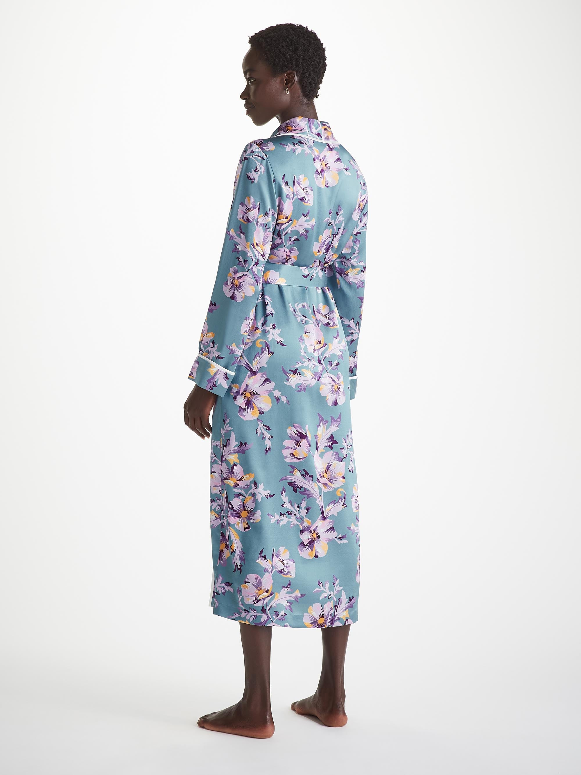 Women's Long Robe Silk Satin Blue Wildflower Pattern - 4
