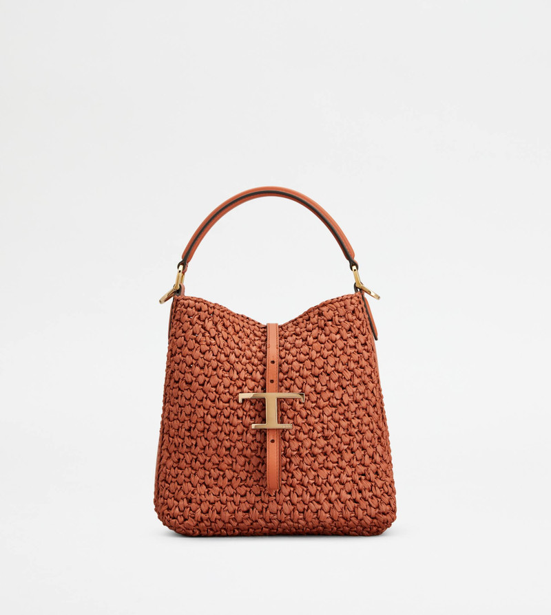 T TIMELESS BUCKET BAG IN RAFFIA AND LEATHER MINI - ORANGE 1