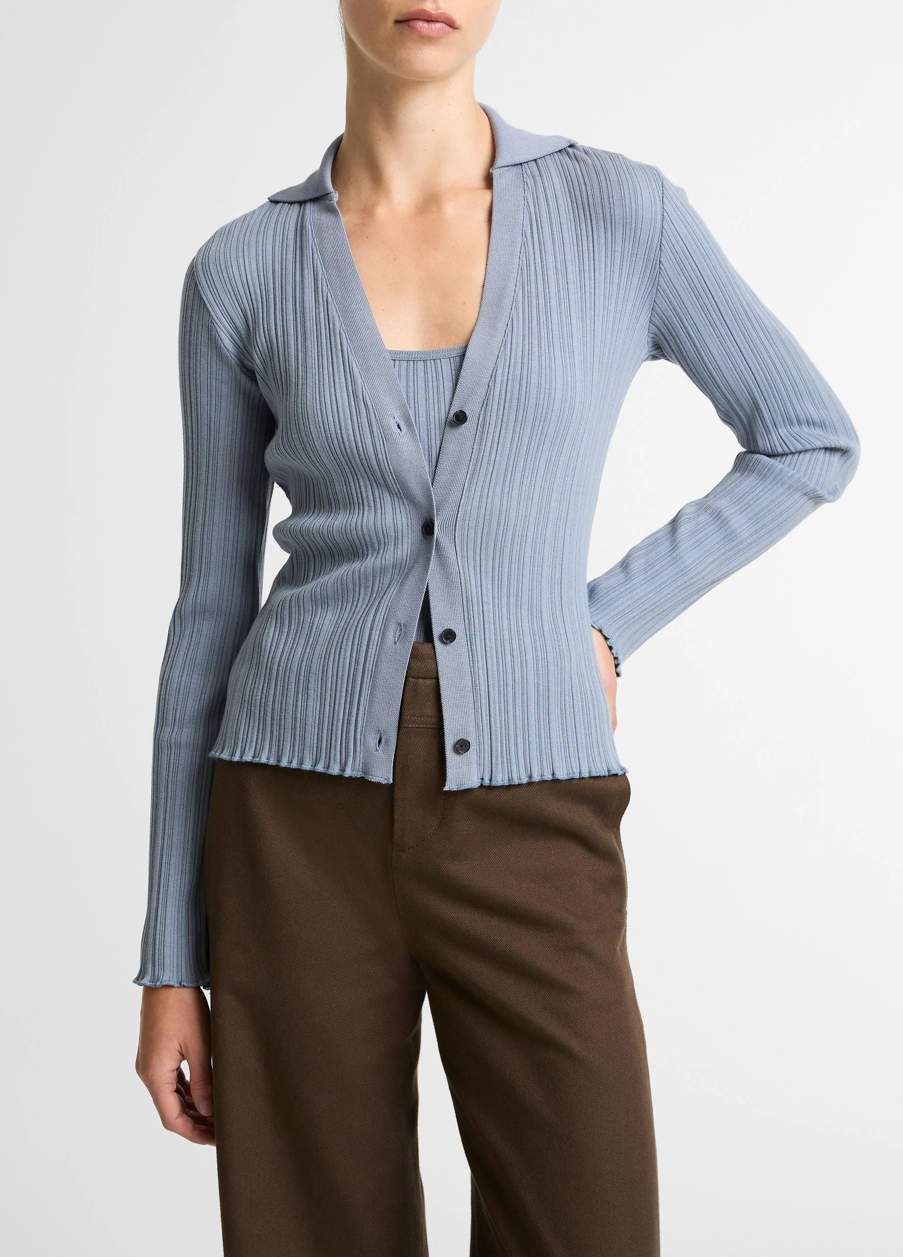 Variegated-Rib Cotton-Blend Polo Top - 1