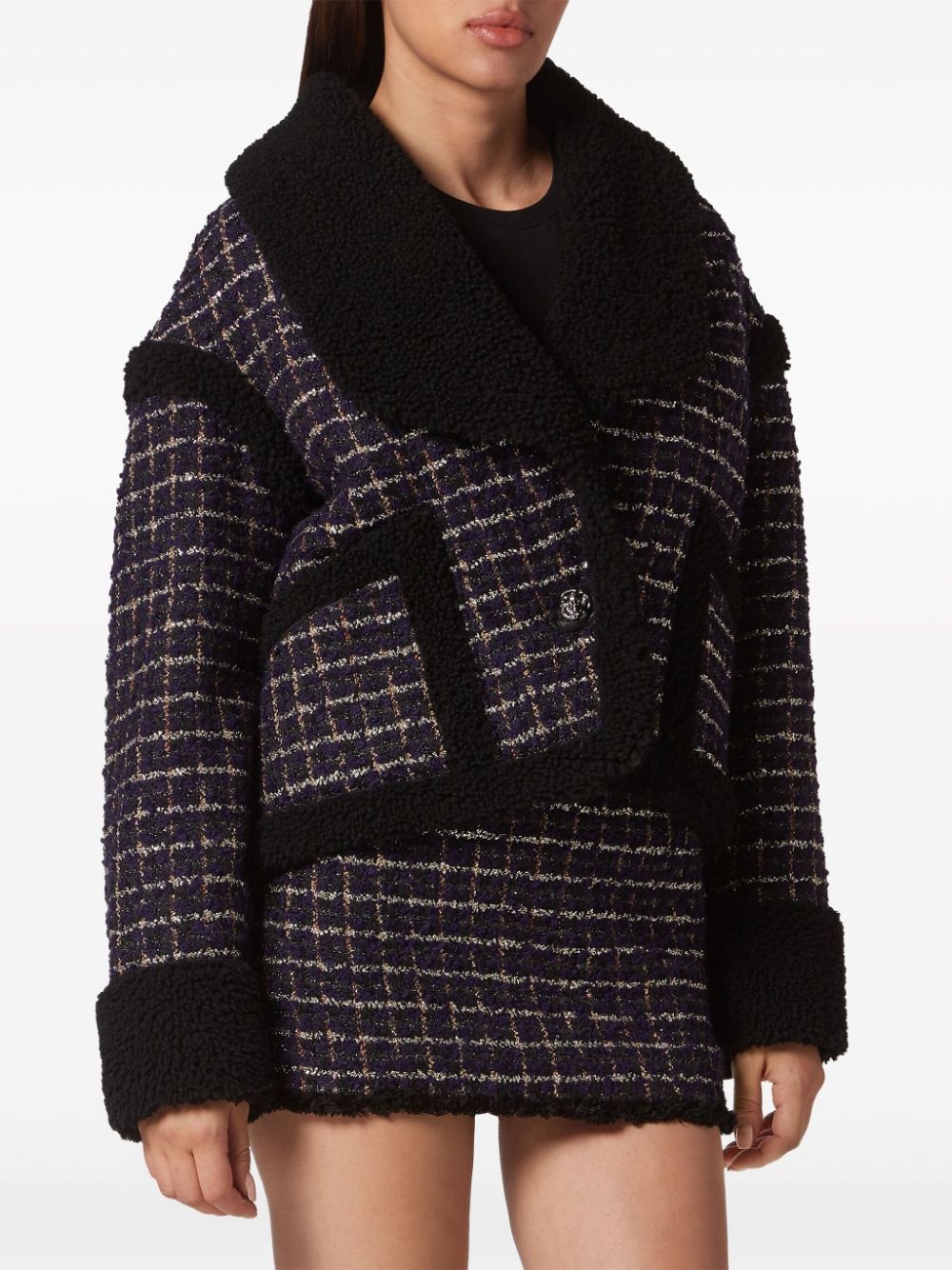 tartan-check shearling tweed jacket - 2