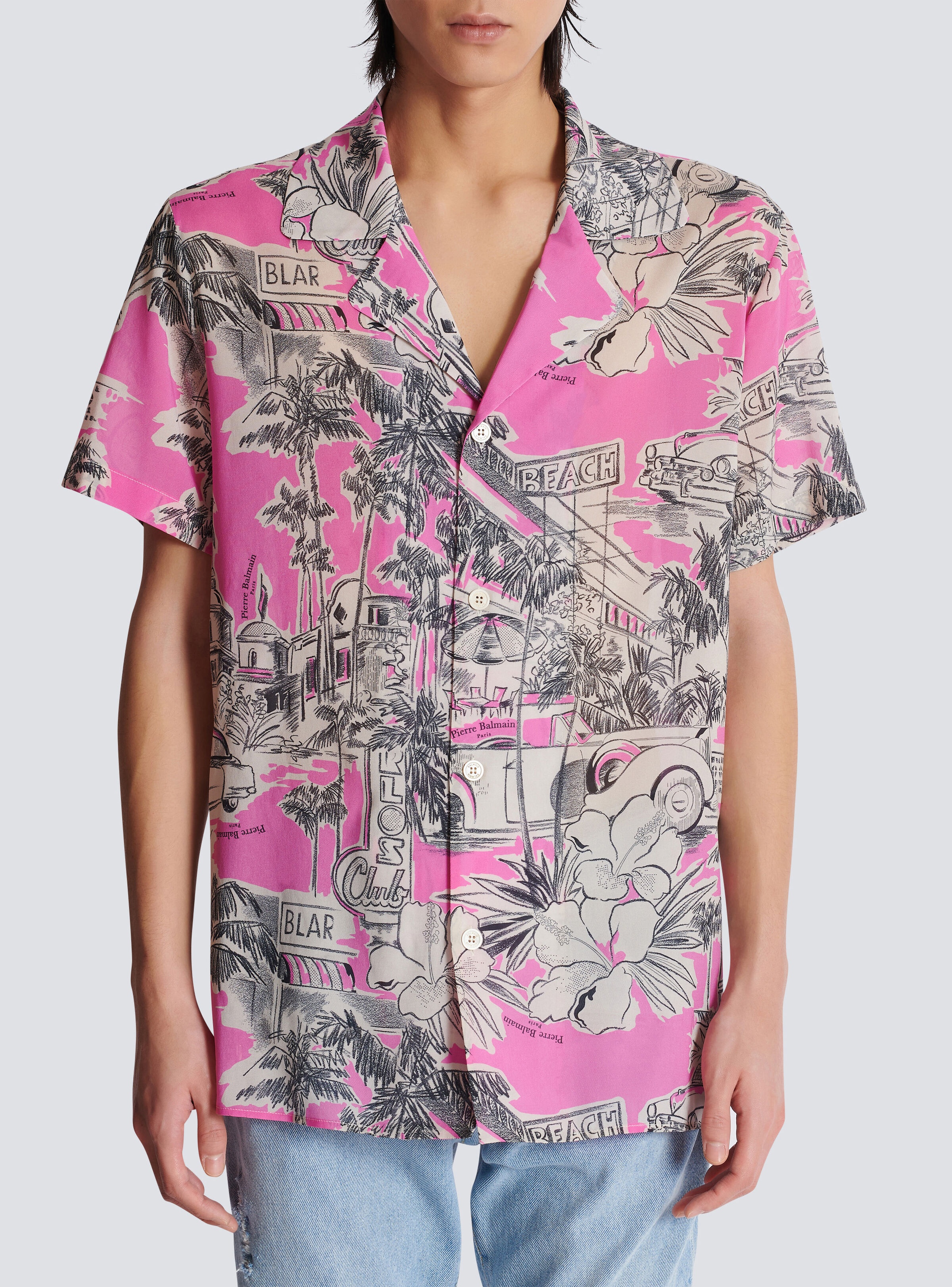 Short-sleeved silk pyjama shirt with Miami print - 5