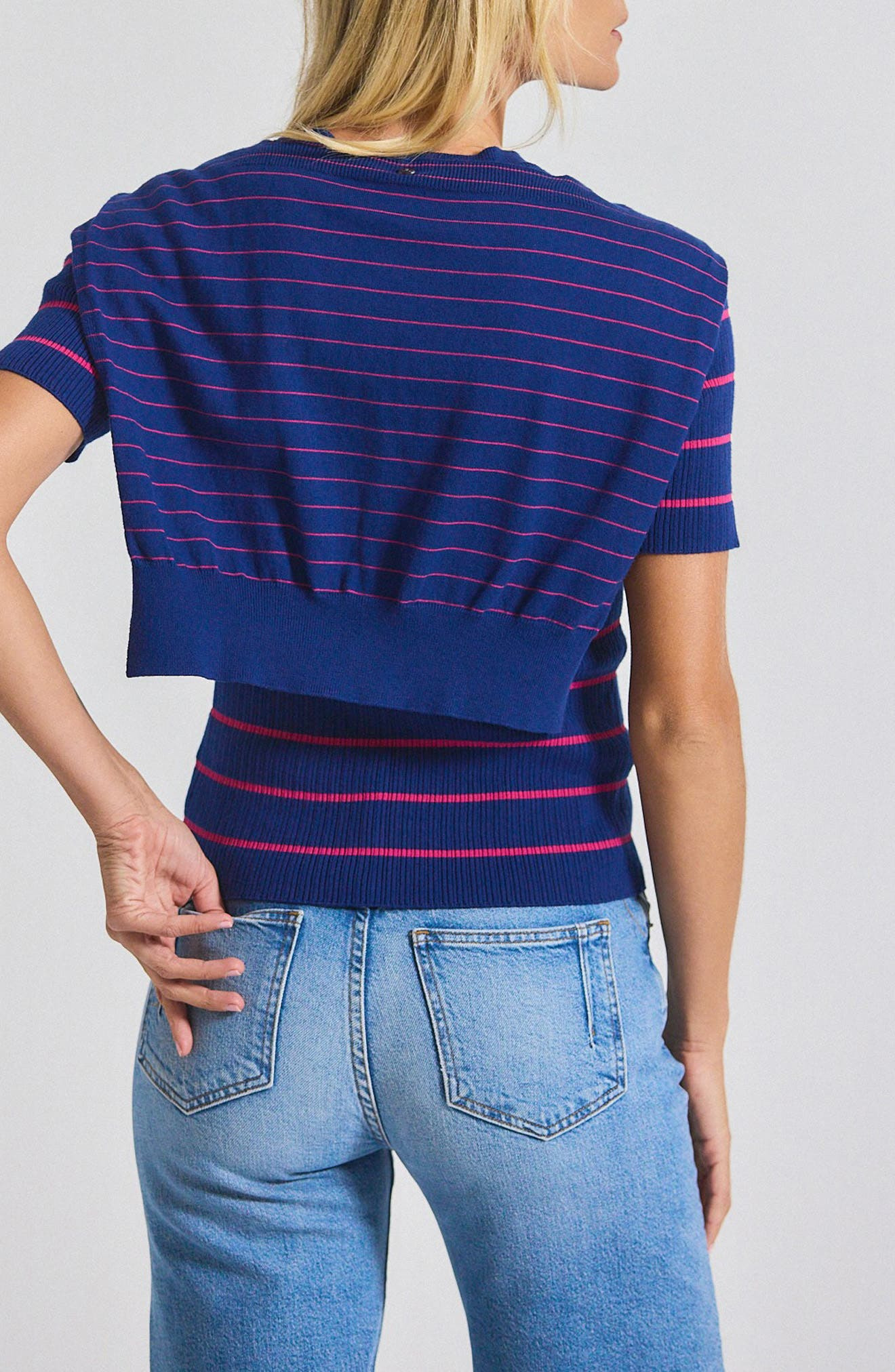 Derek Lam 10 Crosby Twain Stripe Short Sleeve Sweater With Detachable Shrug in Navy/Raspberry at Nor - 2