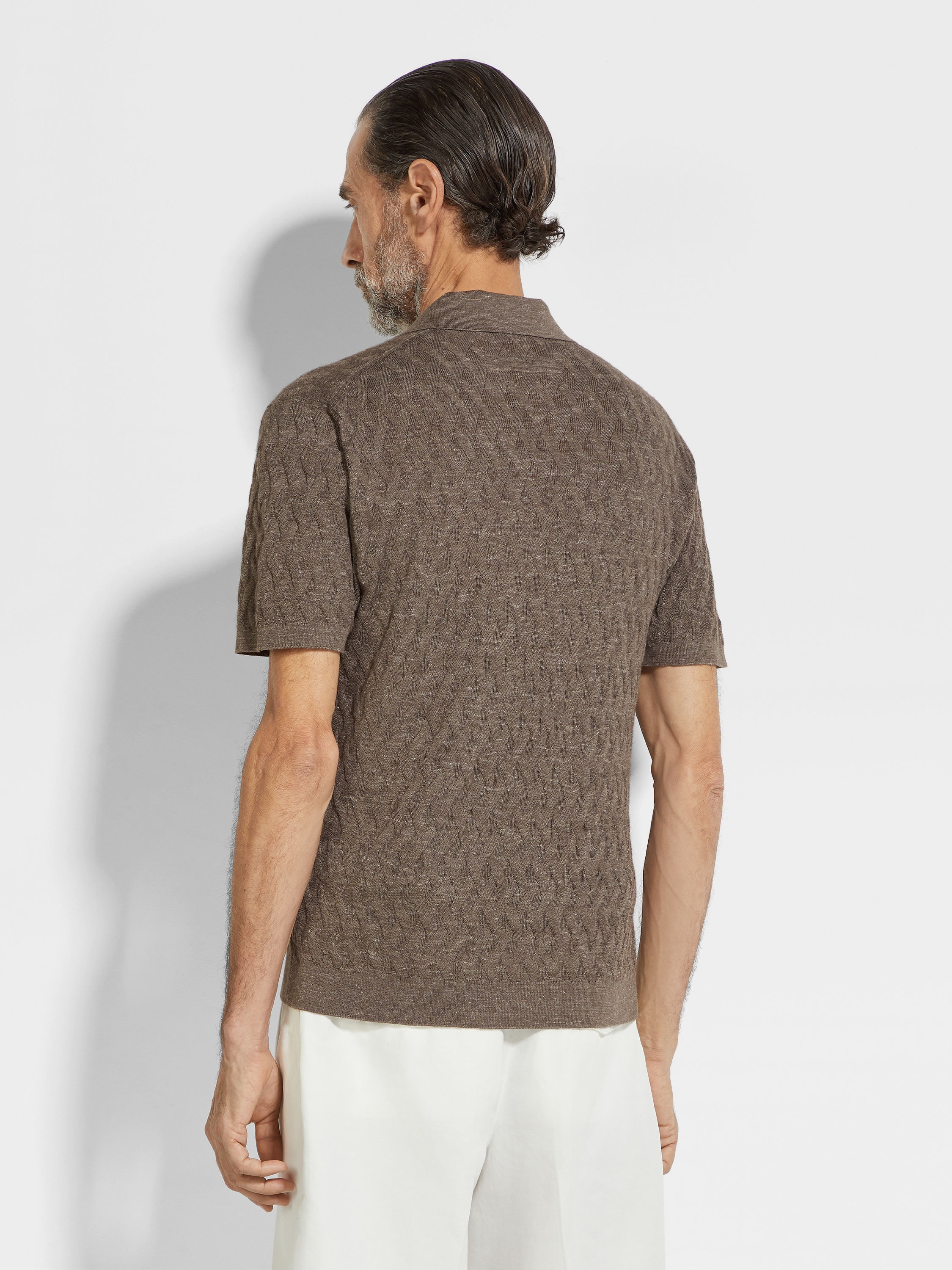 DARK TAUPE MÉLANGE SILK CASHMERE AND LINEN POLO SHIRT - 5