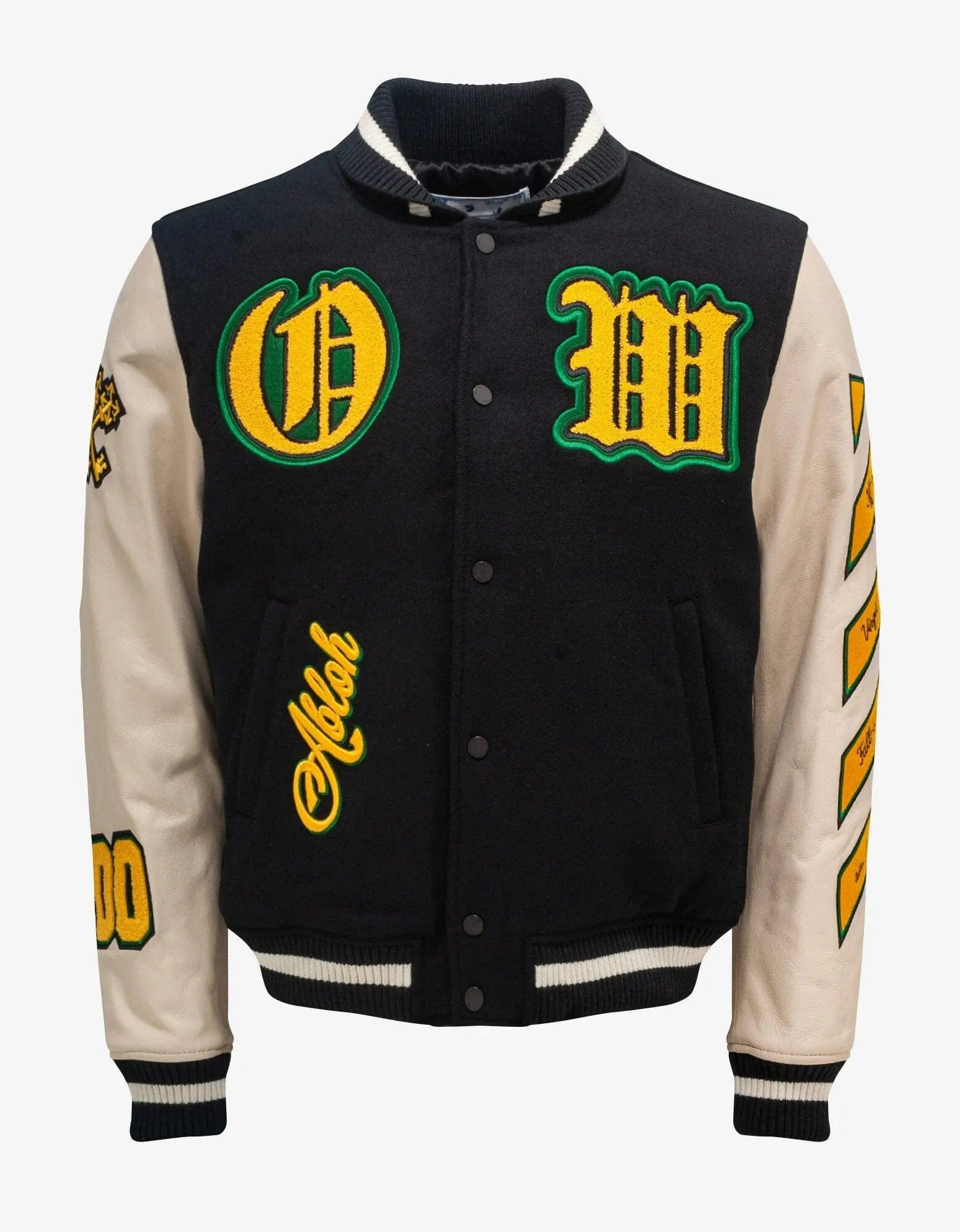 Off-White Black Graphics Leather Varsity Jacket - 1