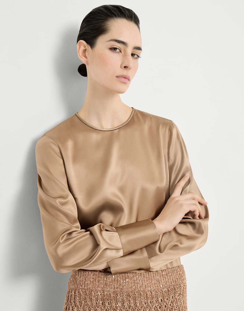 Stretch silk satin t-shirt with monili 5