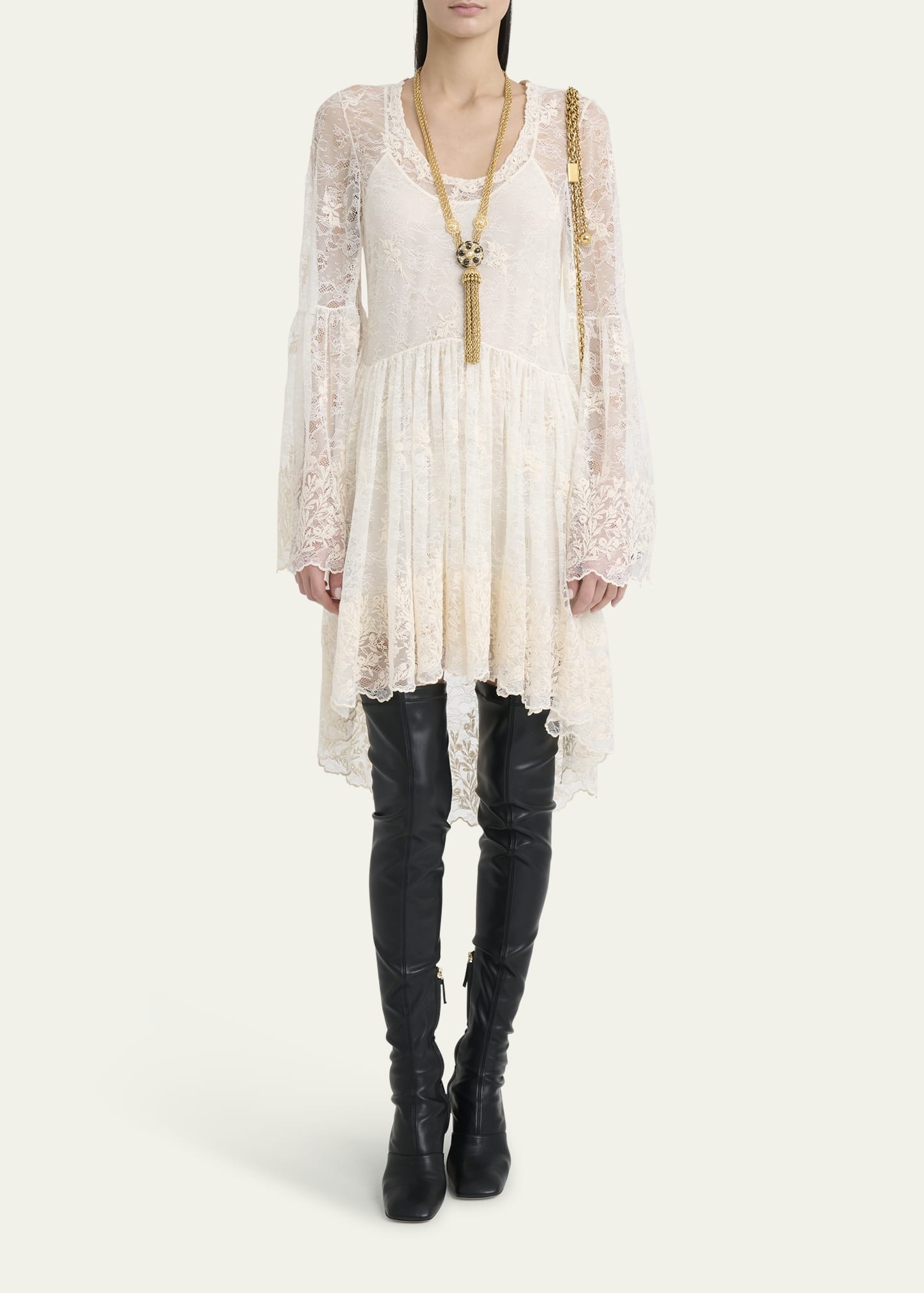 Lace U-Neck Long-Sleeve Mini Dress - 2