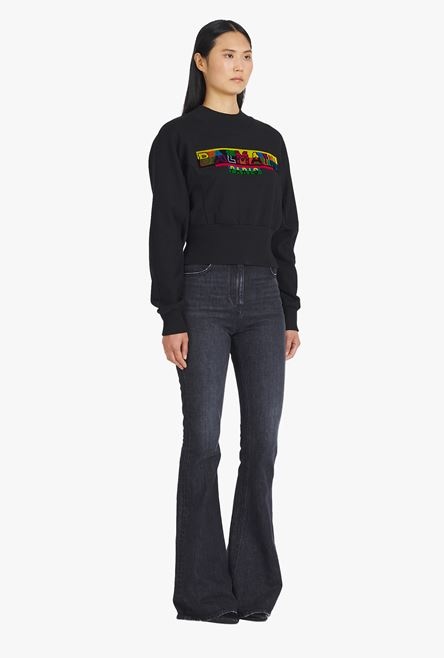 Cropped black eco-designed cotton sweatshirt with pixel Balmain logo - 7