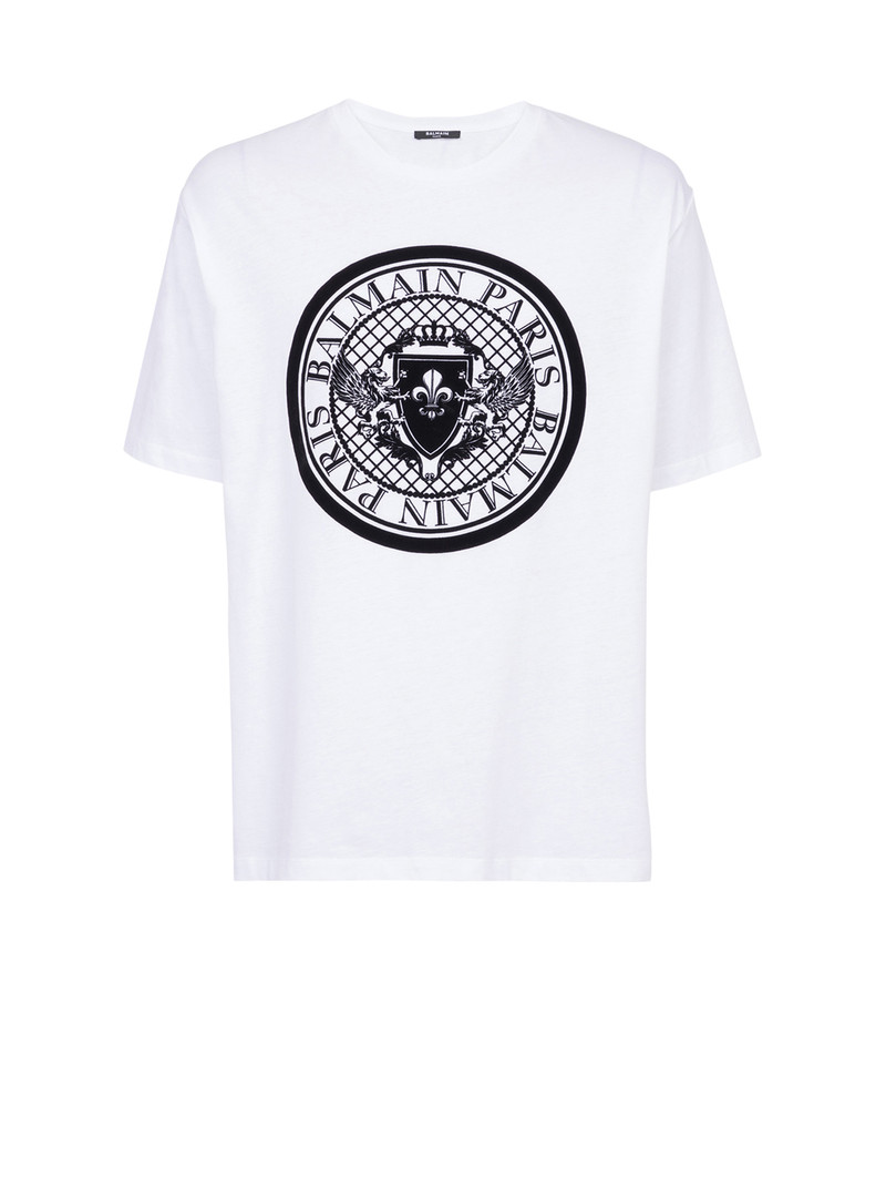 Cotton T-shirt with flocked Balmain medallion - 1