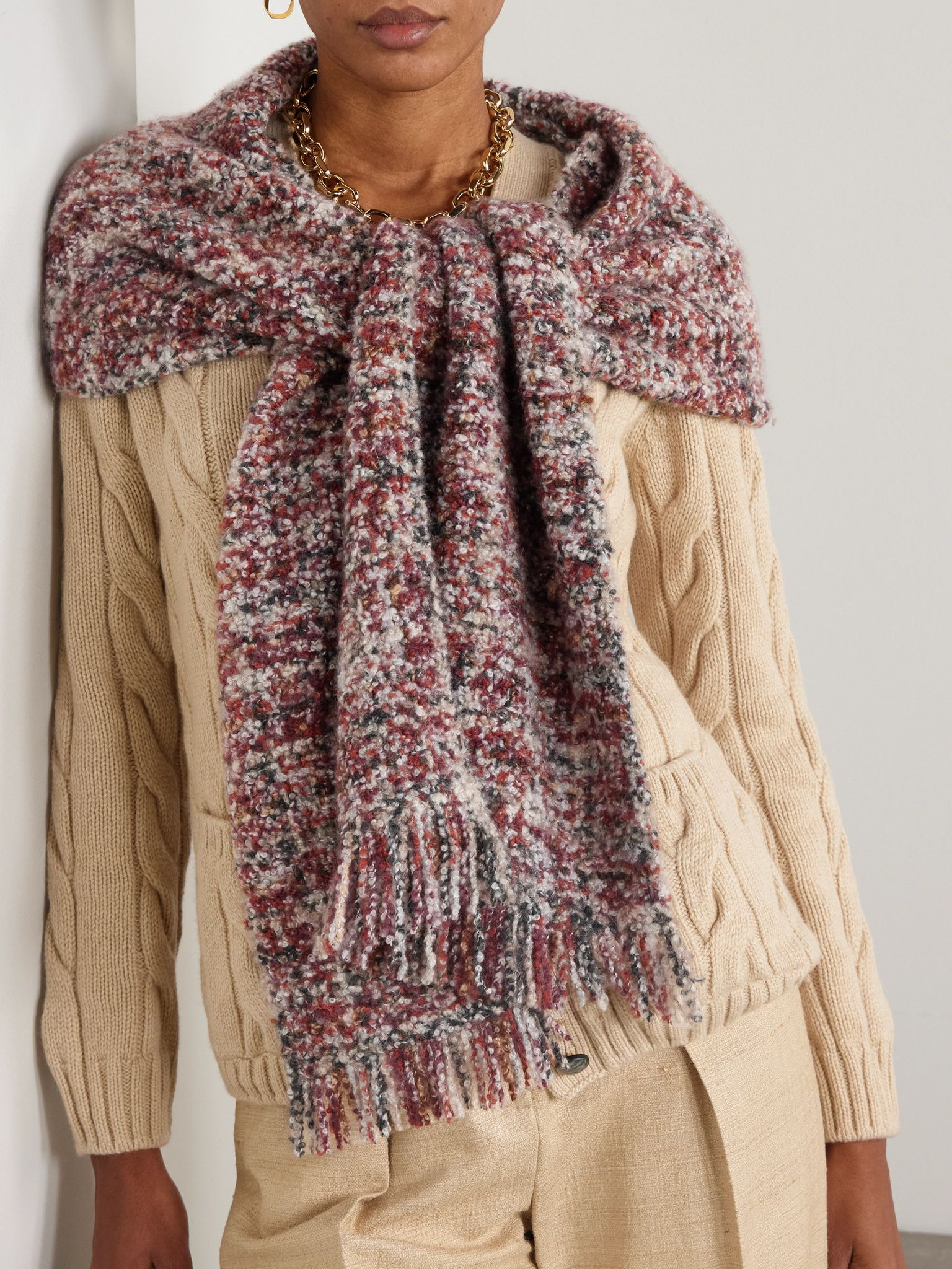 Fringed cashmere and silk-blend bouclé scarf Red - 2