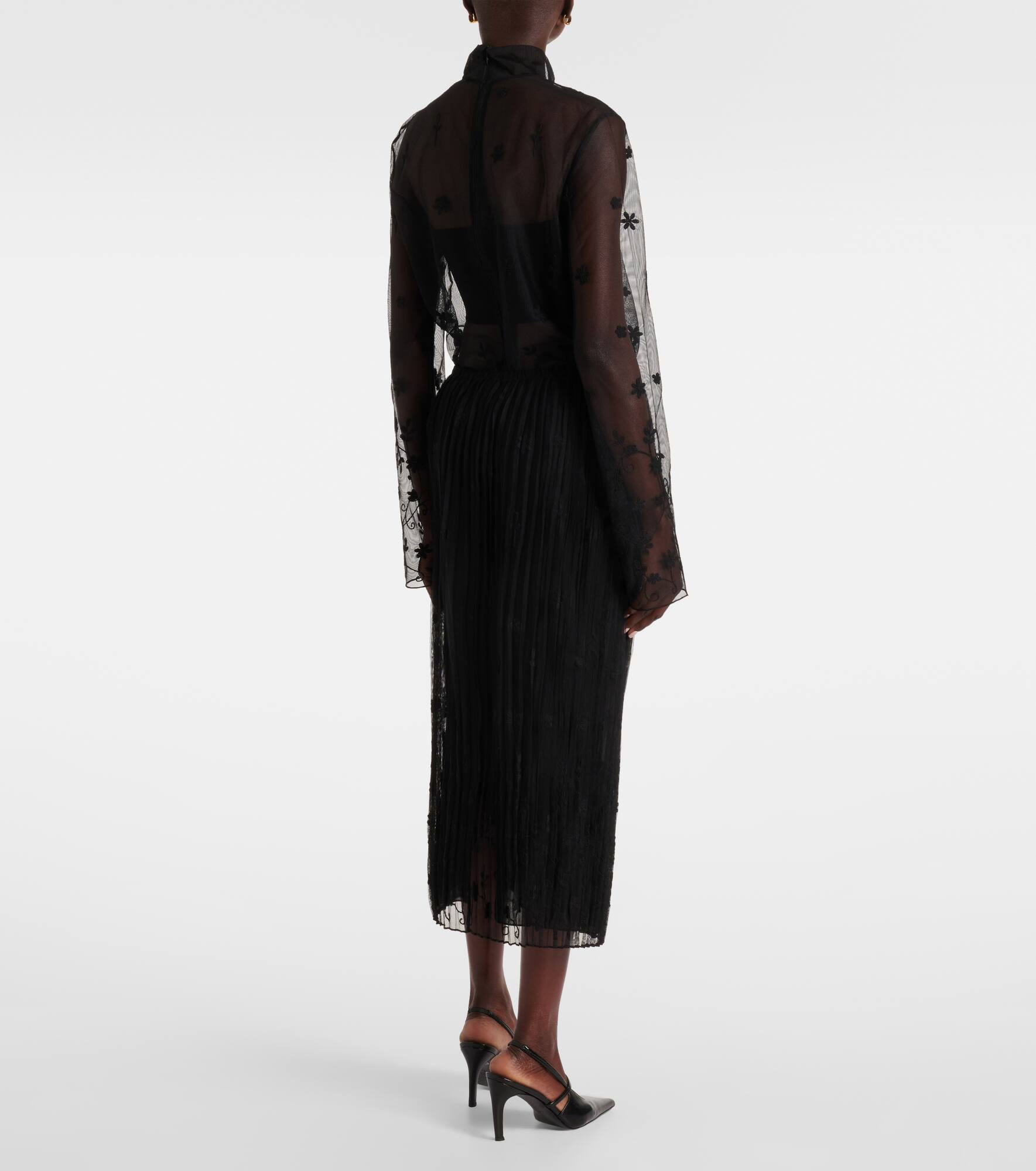 Embroidered plissé tulle midi skirt - 3