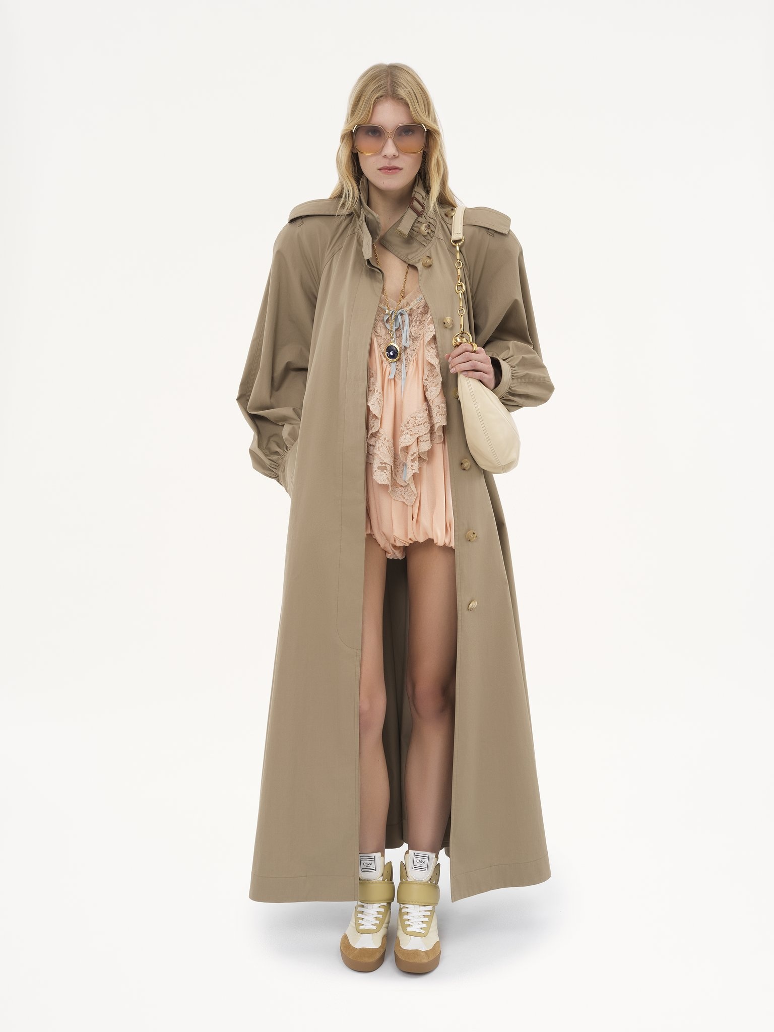 HIGH-NECK LONG TRENCH COAT IN COTTON GABARDINE - 3