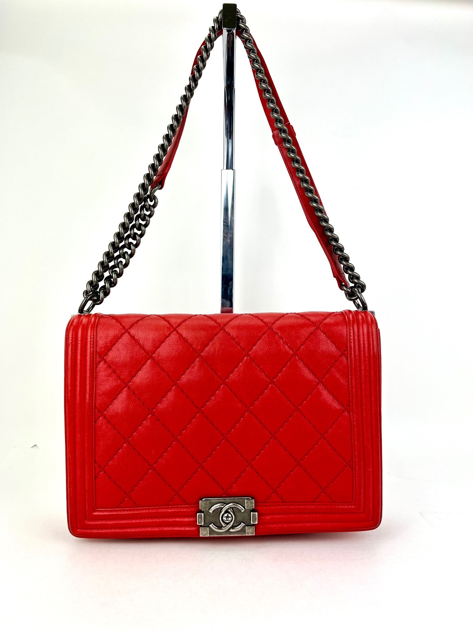 CHANEL CHANEL Calfskin Quilted Double Stitch Large Boy Flap Red Shoulder Bag  Preowned, gmayer1