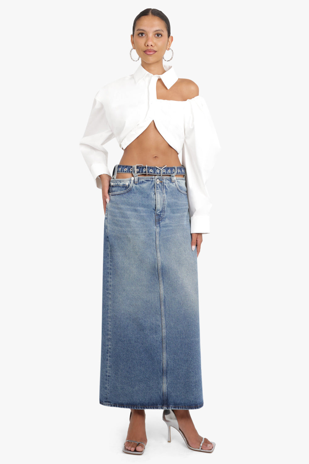 Y BELT DENIM MIDI SKIRT | EVERGREEN VINTAGE BLUE - 3