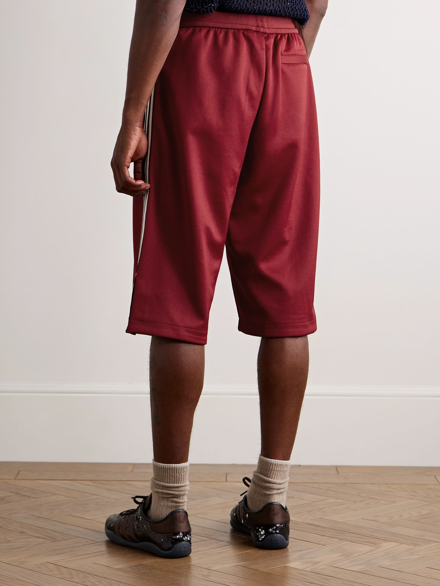 + Wales Bonner Wide-Leg Striped Recycled-Jersey Drawstring Shorts Burgundy - 4
