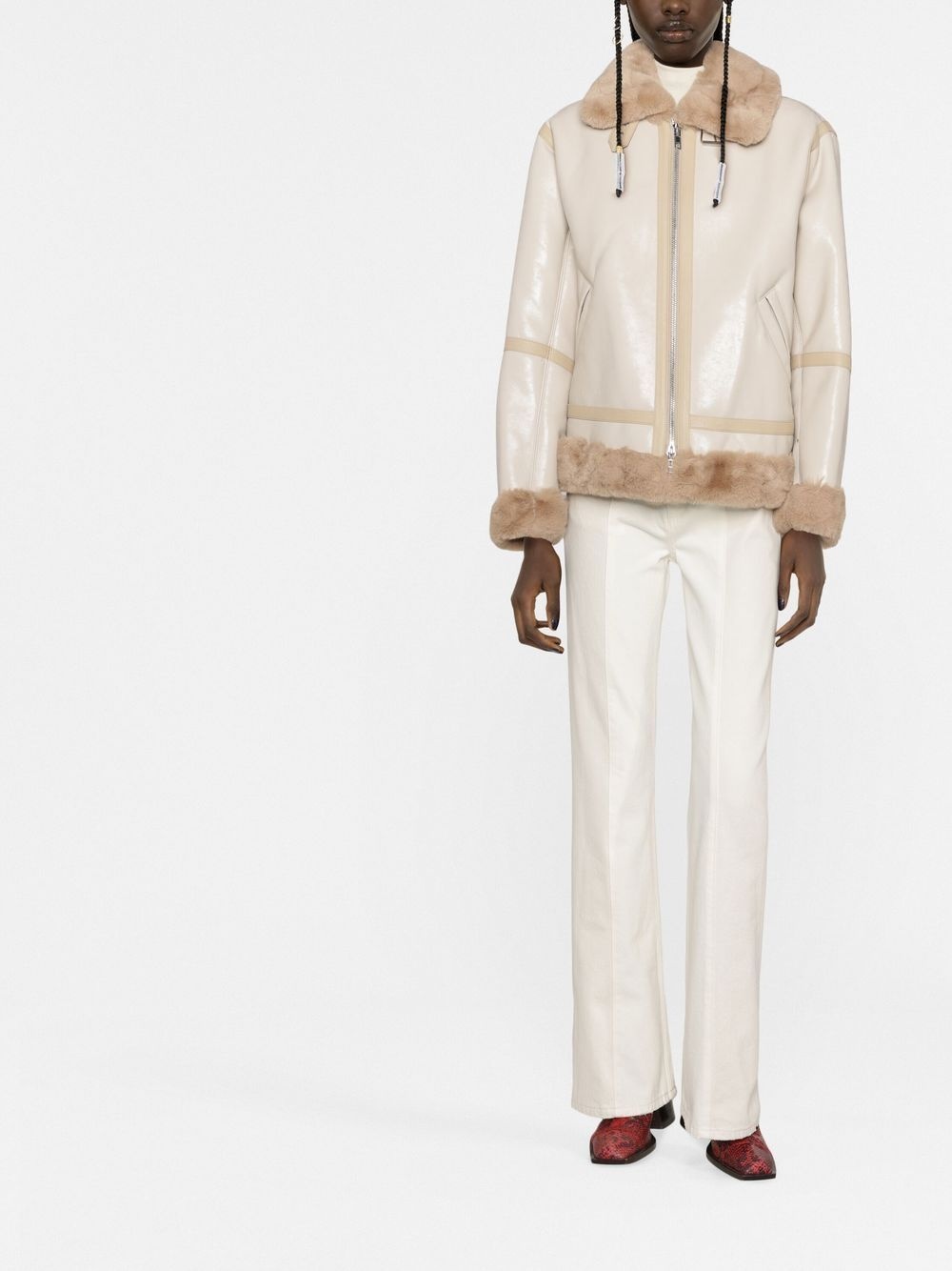 shearling-trim zip-fastening coat - 2