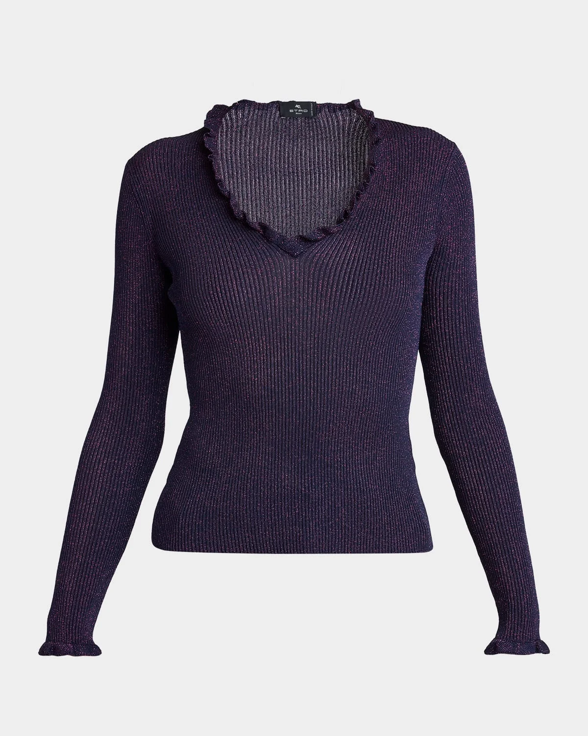 Metallic Ruffle Rib-Knit V-Neck Top - 1