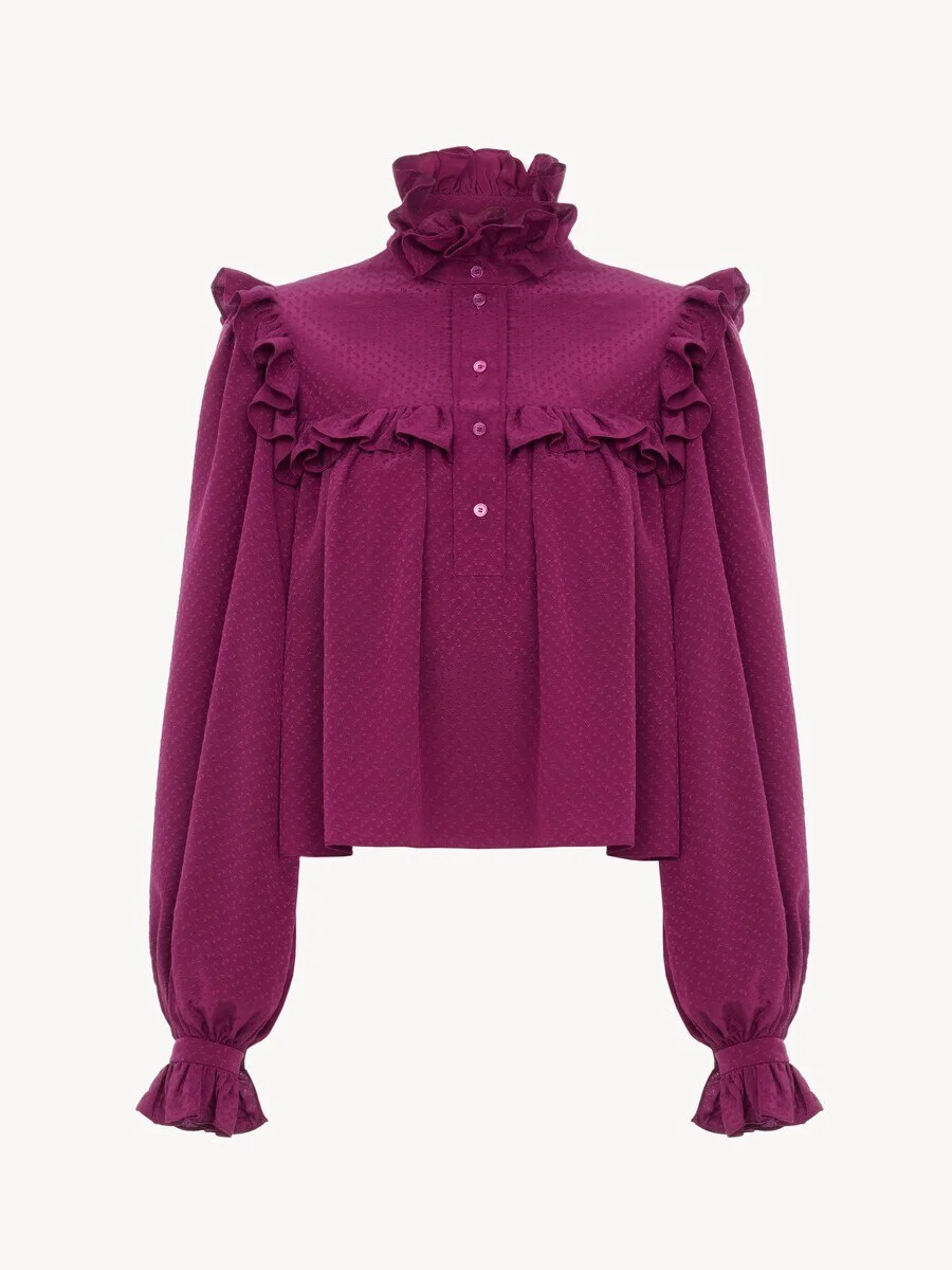 RUFFLED HIGH-NECK TOP IN SILK JACQUARD - 1