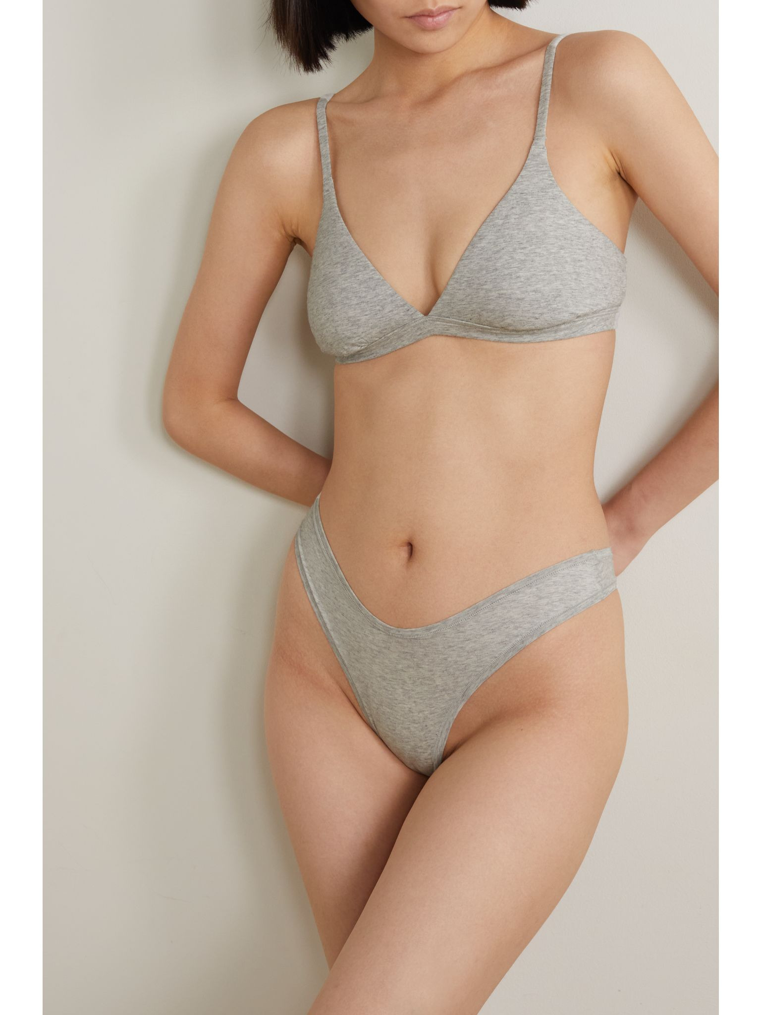 Cotton-Blend Jersey Dipped Thong - Light Heather Grey Gray - 2