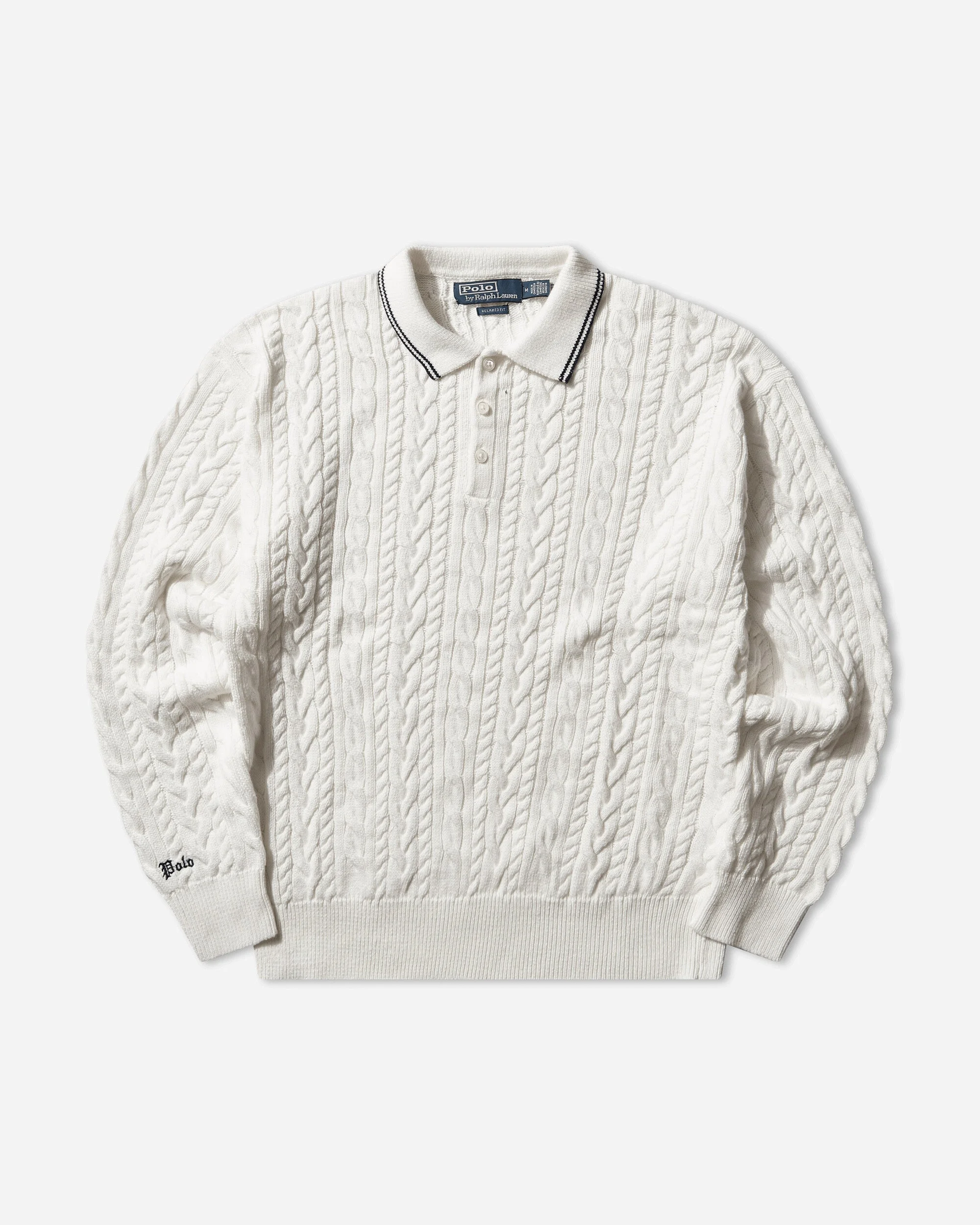 Men's Relaxed Fit Cable-Knit Polo Jumper Trophy Cream - 1