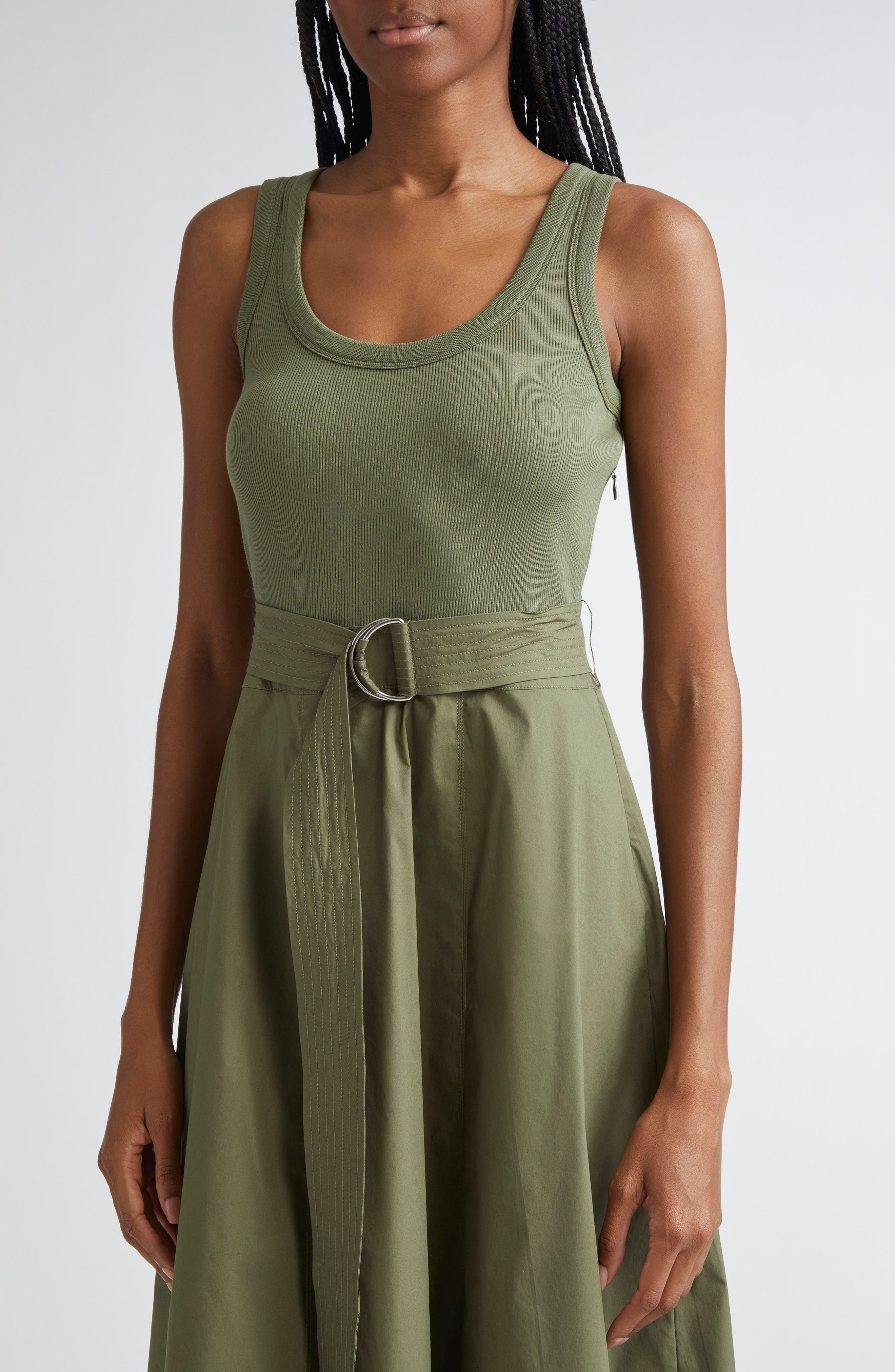 Veronica Beard Ennis Mixed Media Stretch Cotton Dress in Stone Army at Nordstrom - 4