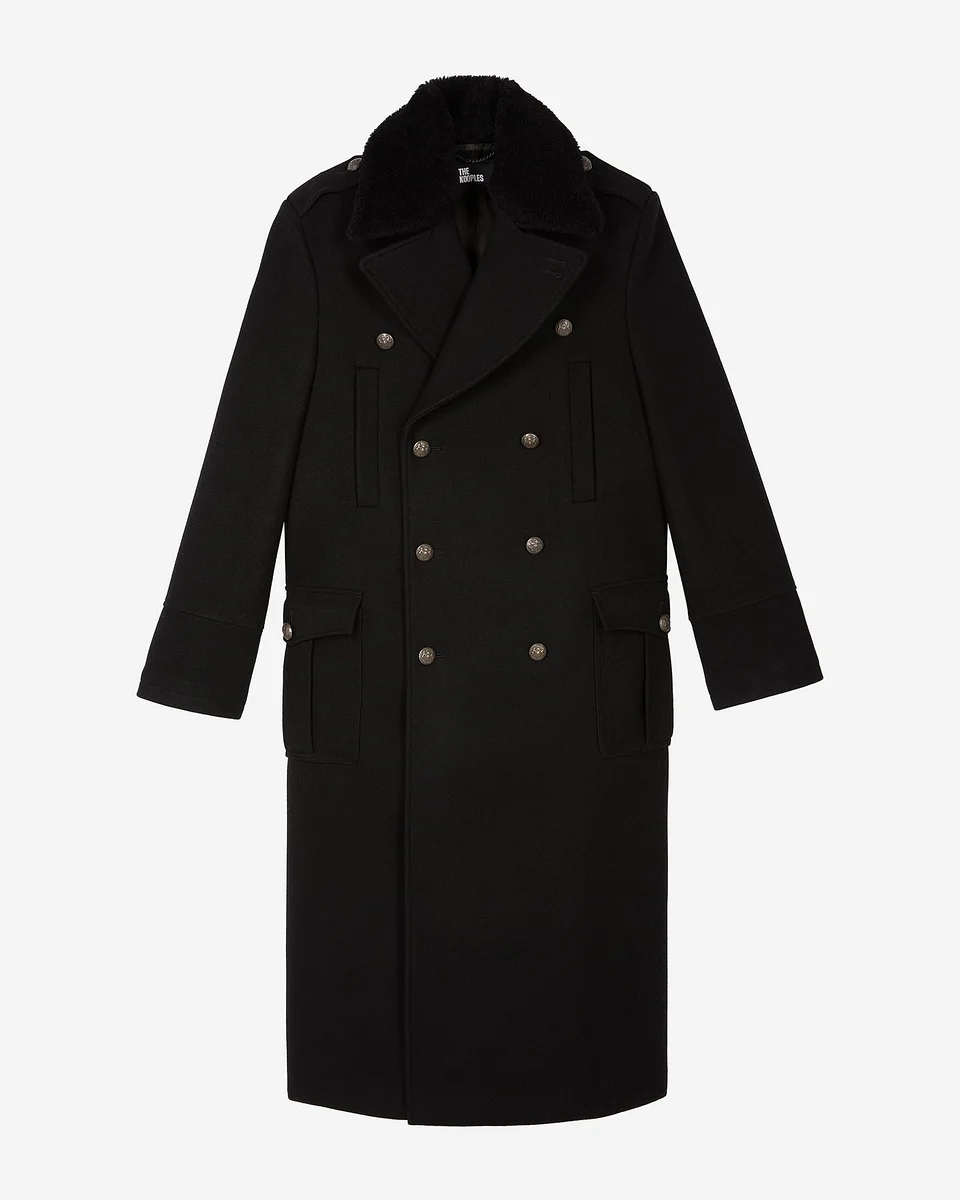LONG BLACK WOOL COAT WITH SHERPA COLLAR - 1