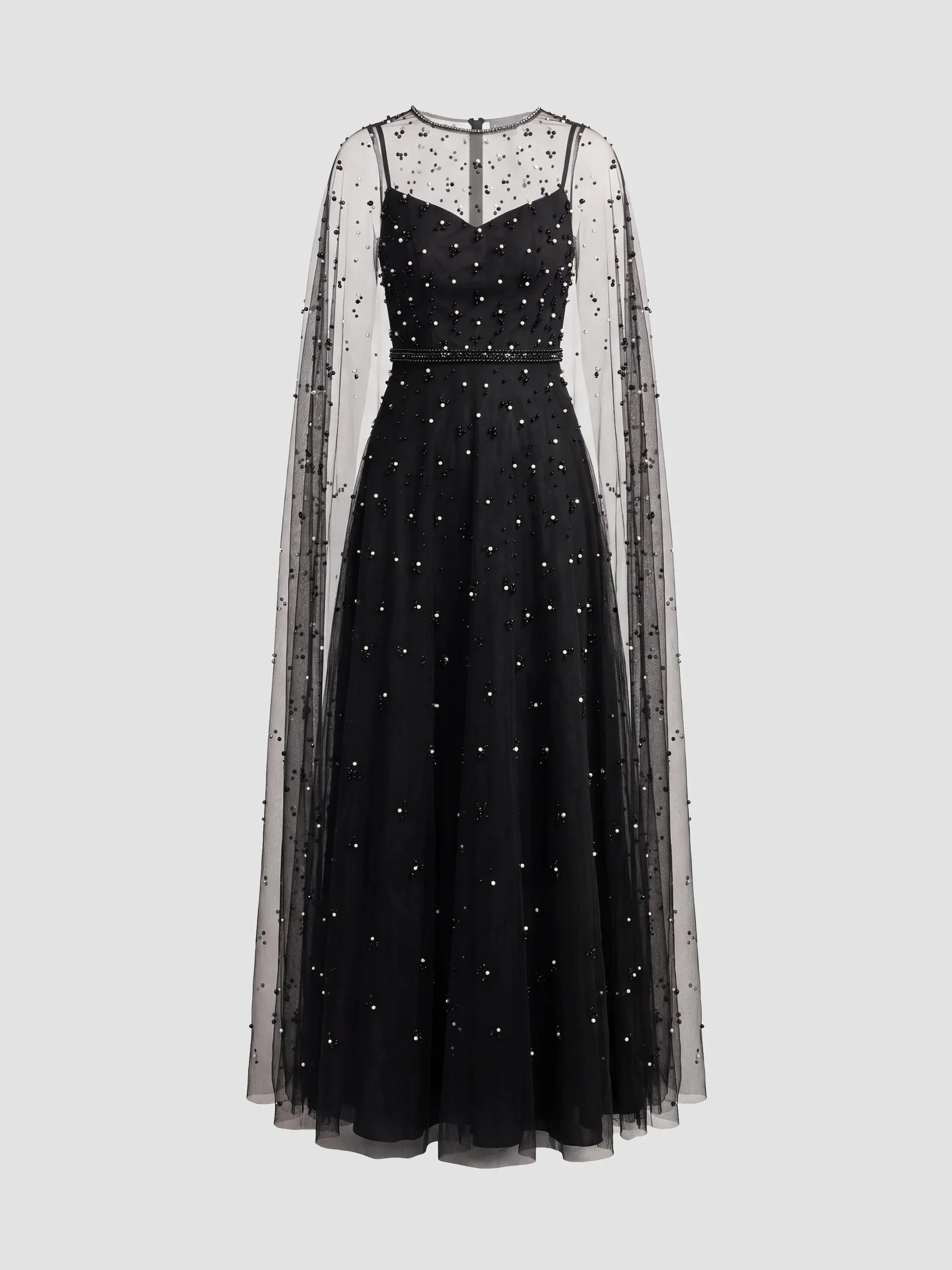 Women's Pearl-Embellished Tulle Cape Gown - Black Ivory - 1