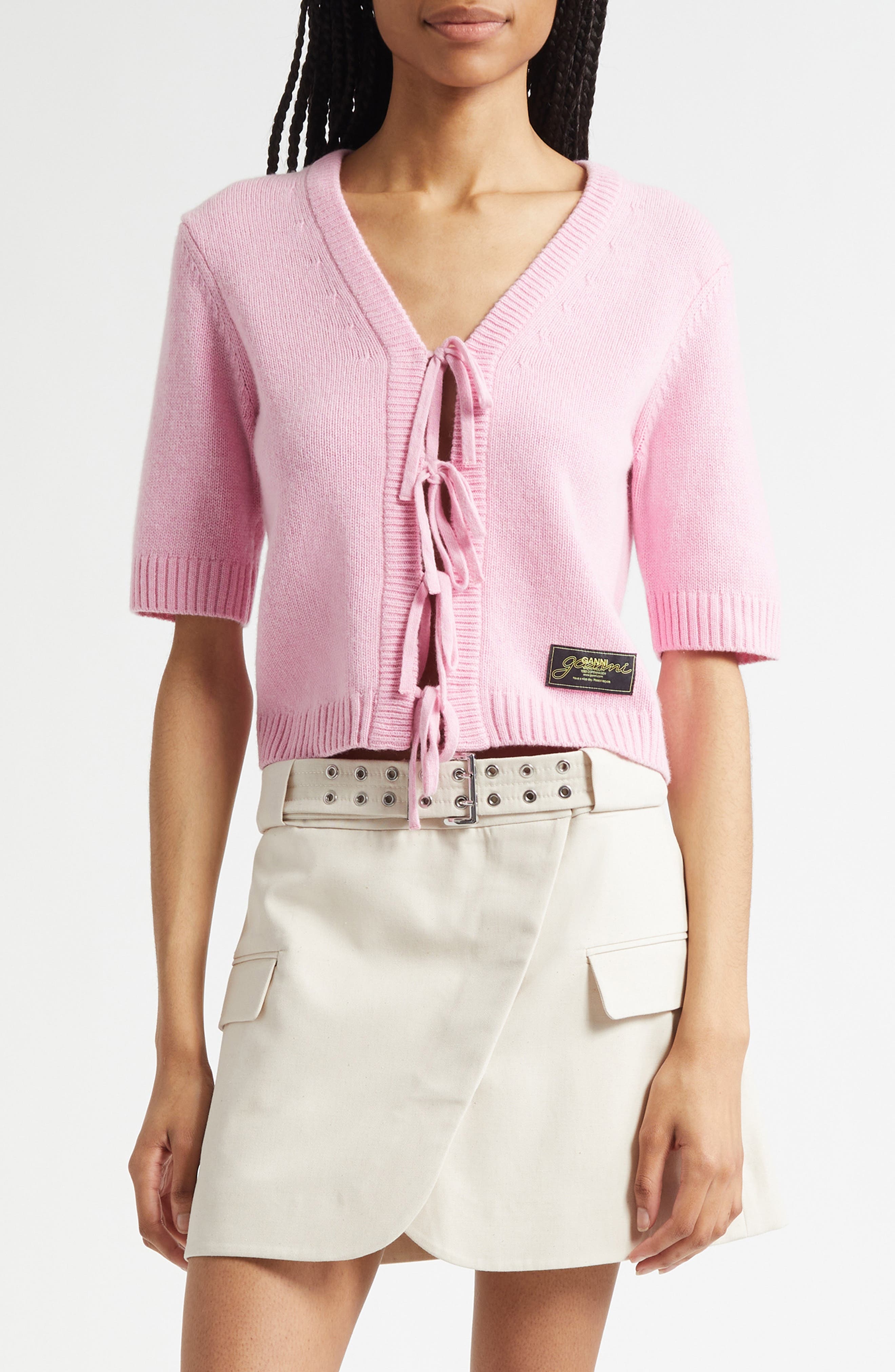 Ganni Tie Front Wool Blend Cardigan in Primrose Pink at Nordstrom - 1