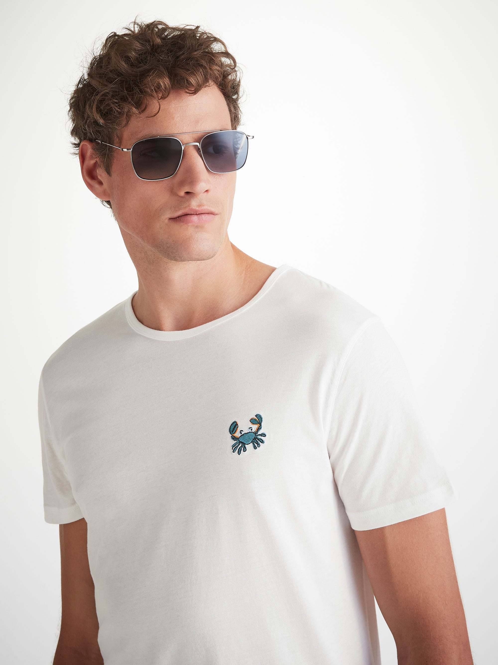 Men's T-Shirt Pima Cotton White Embroidered Rory Crab - 5
