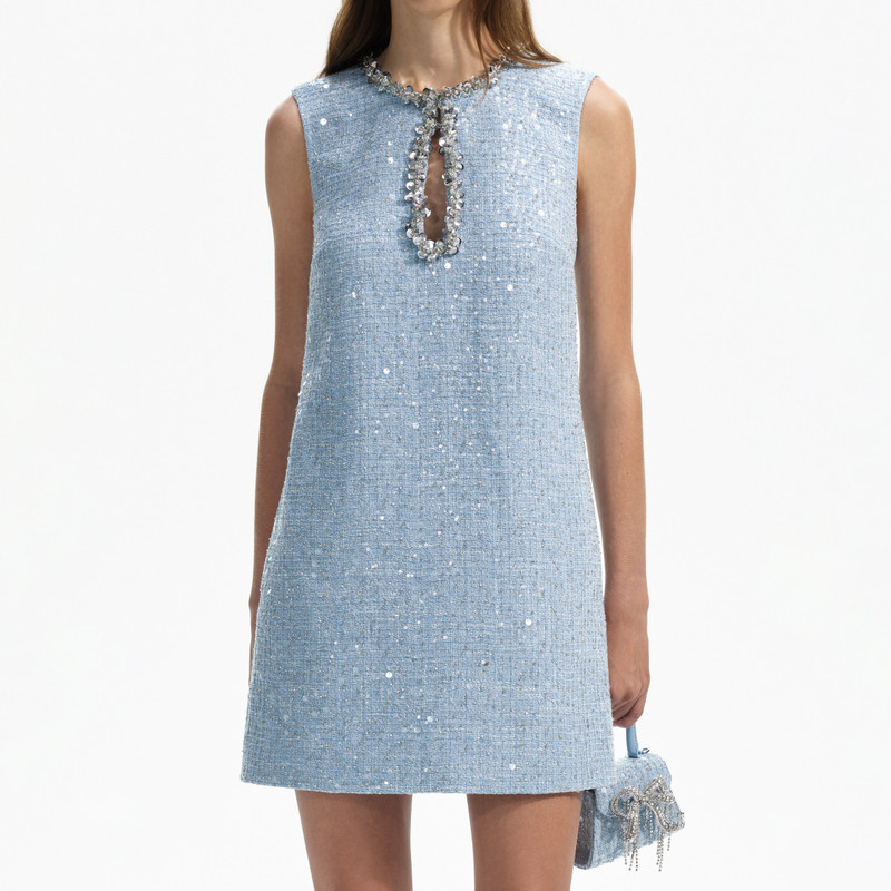 blue sequin boucle mini dress Marienne Blue Sequin Mini Dress - US 16