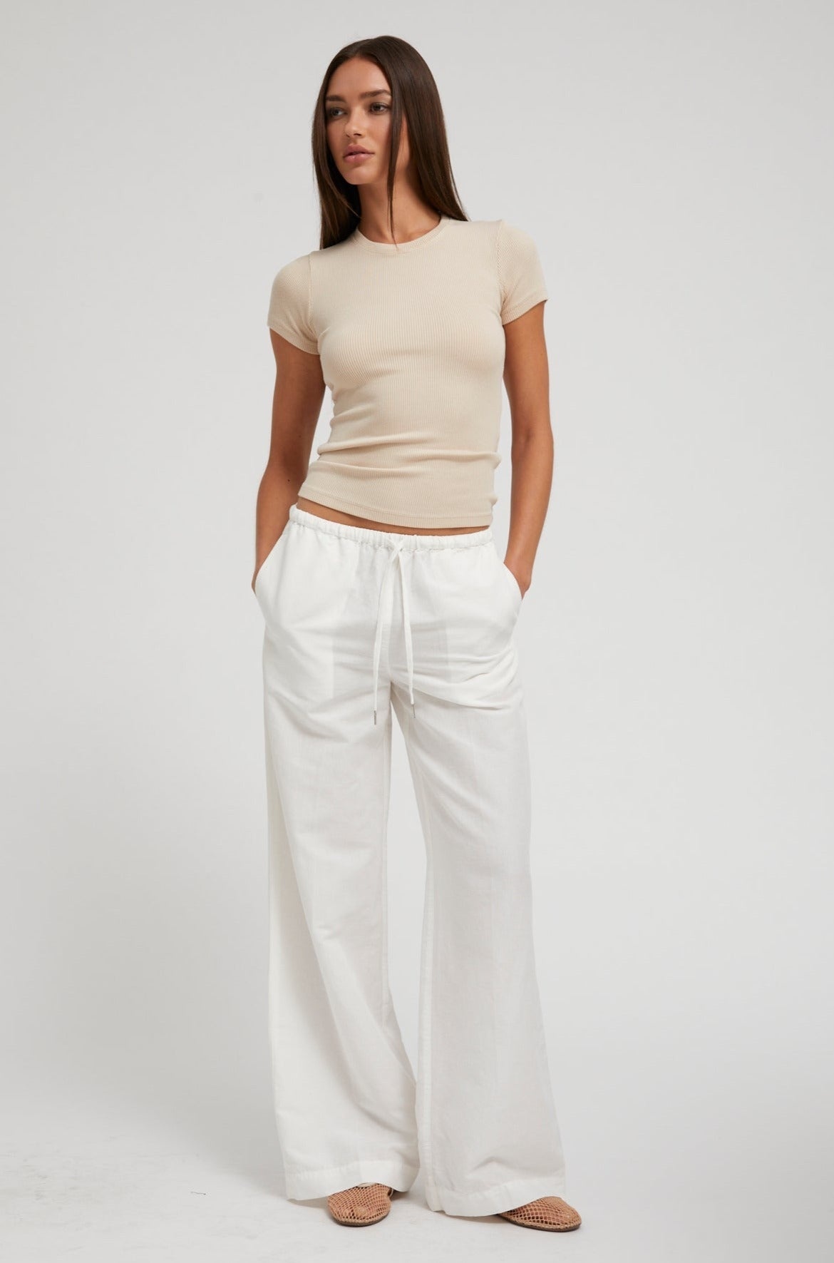 WHITE LINEN DRAWSTRING PANTS - 6