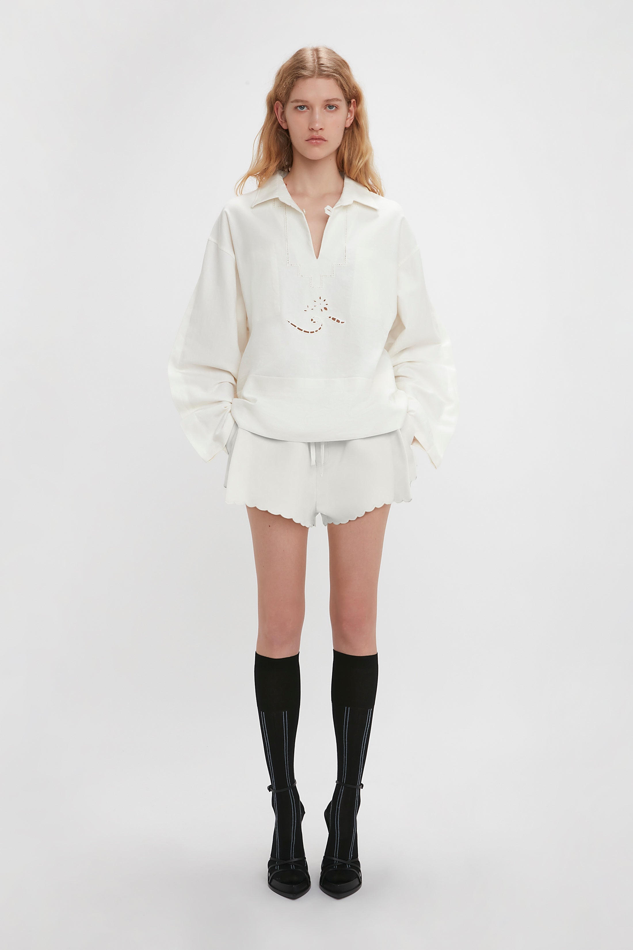 Drawstring Embroidered Mini Short In Antique White - 3