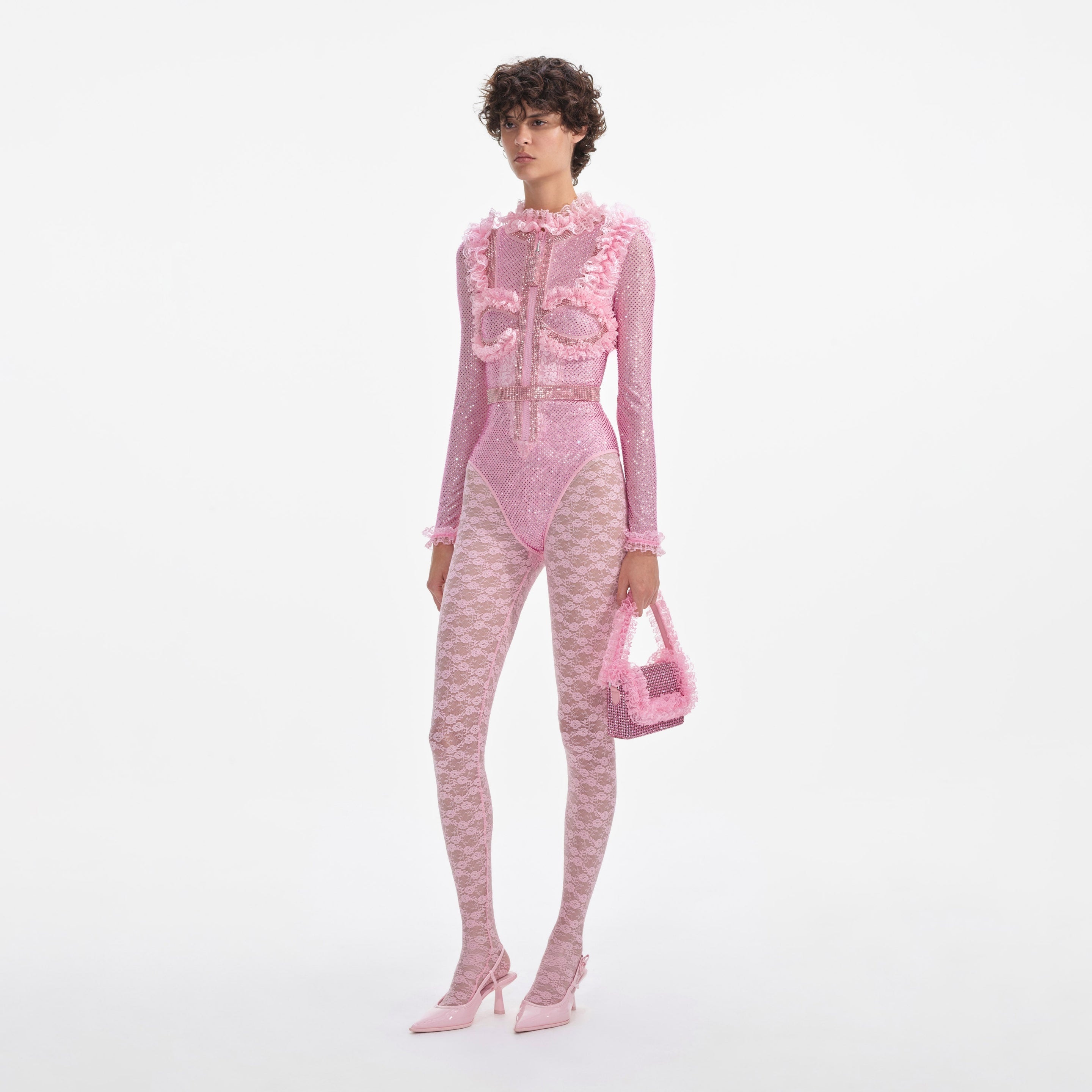 Pink Rhinestone Mesh Ruffle Bodysuit - 2
