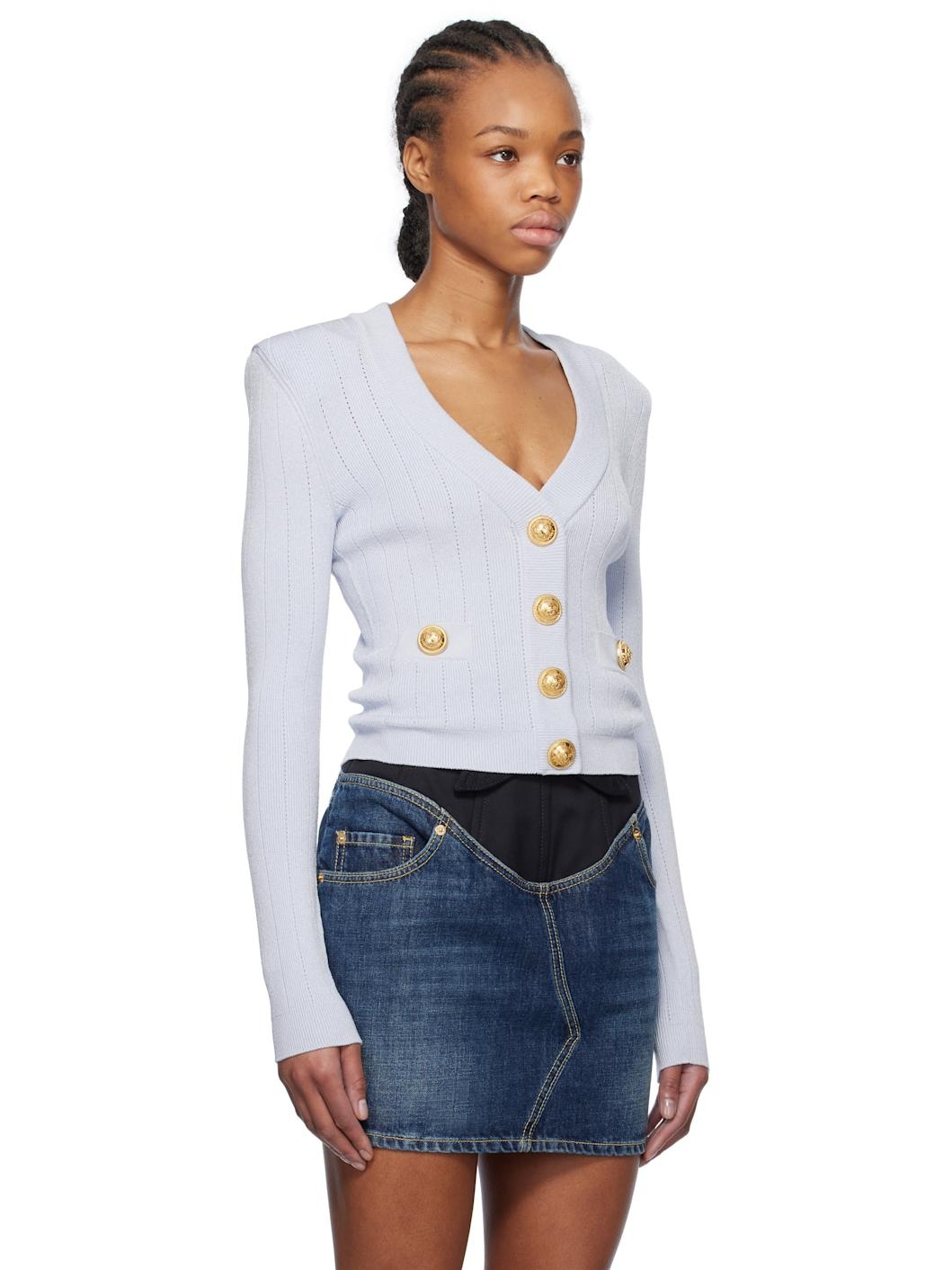 Blue Cropped Knit Cardigan - 2