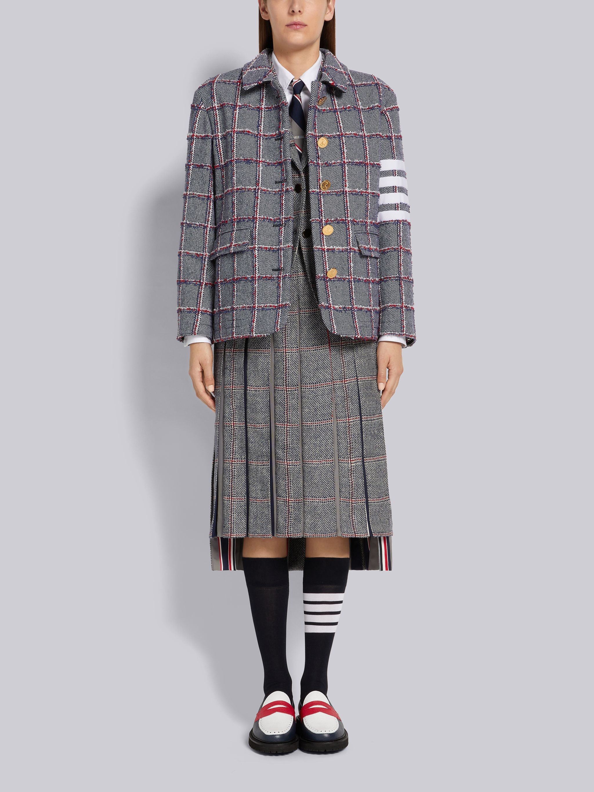 Multicolor Step Twill Windowpane British Wool Stripe Mogador Pleat Grosgrain 4-Bar Dropped Back Belo - 4