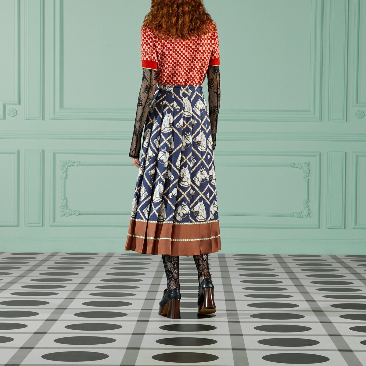 Check equestrian print silk skirt - 6