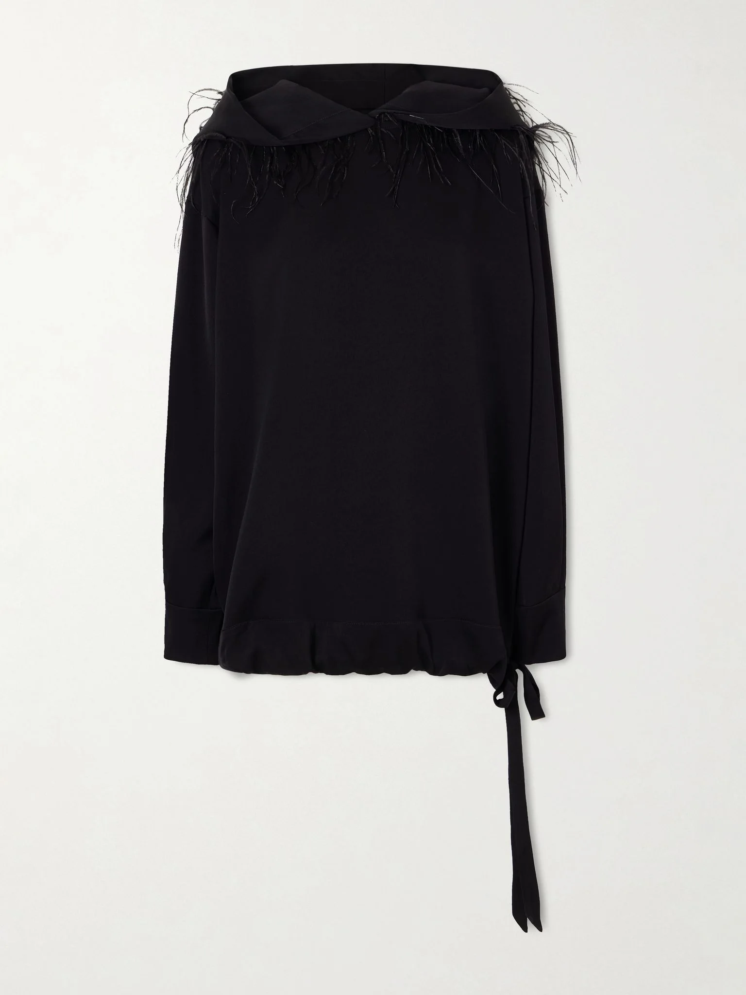 Aly feather-trimmed silk-blend hoodie Black - 1