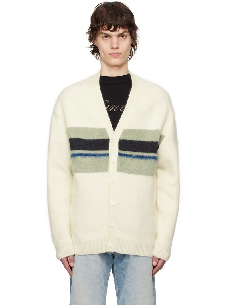 Off-White & Green Striped Brushed Mohair Cardigan 1