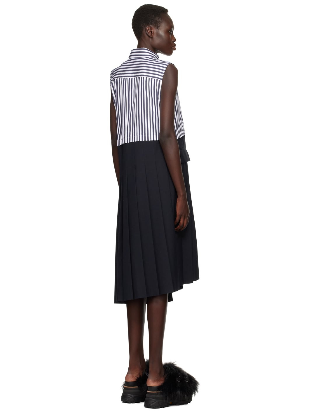 White & Navy Suiting x Cotton Poplin Midi Dress - 3