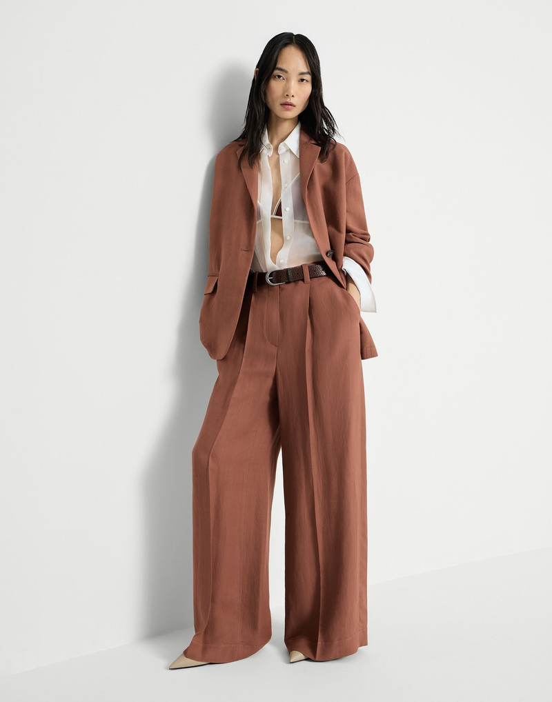 Viscose and linen fluid twill wide trousers with monili 5