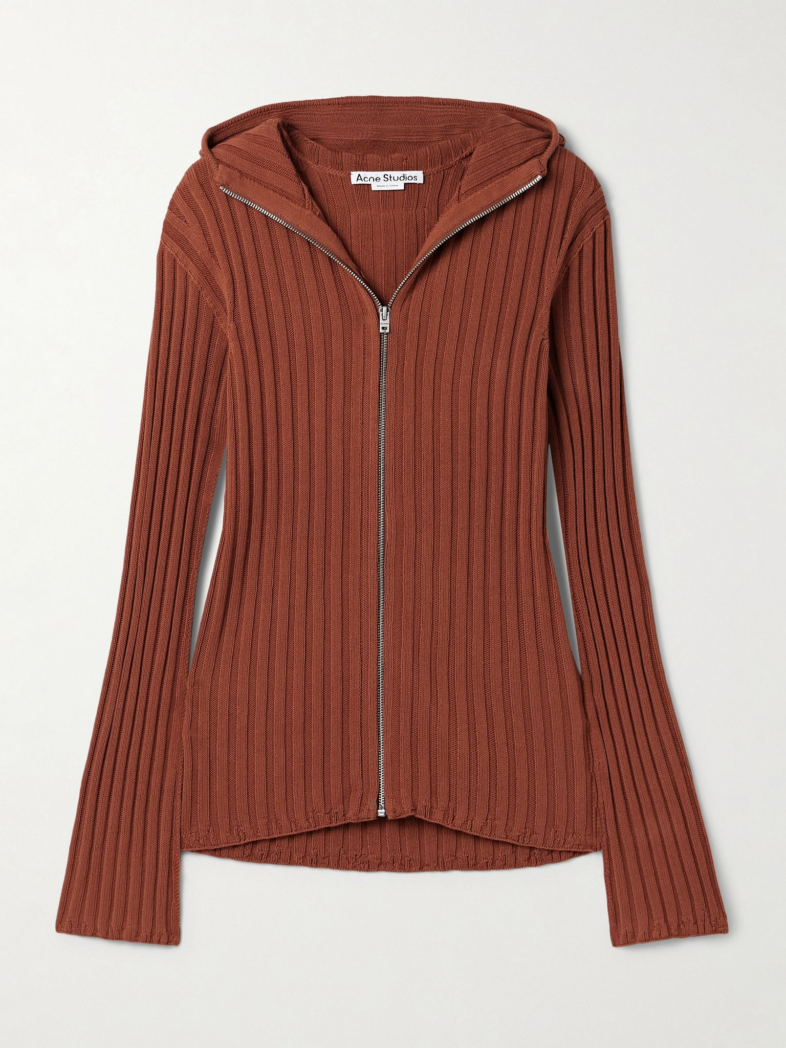 Hooded ribbed cotton cardigan Brick - 1