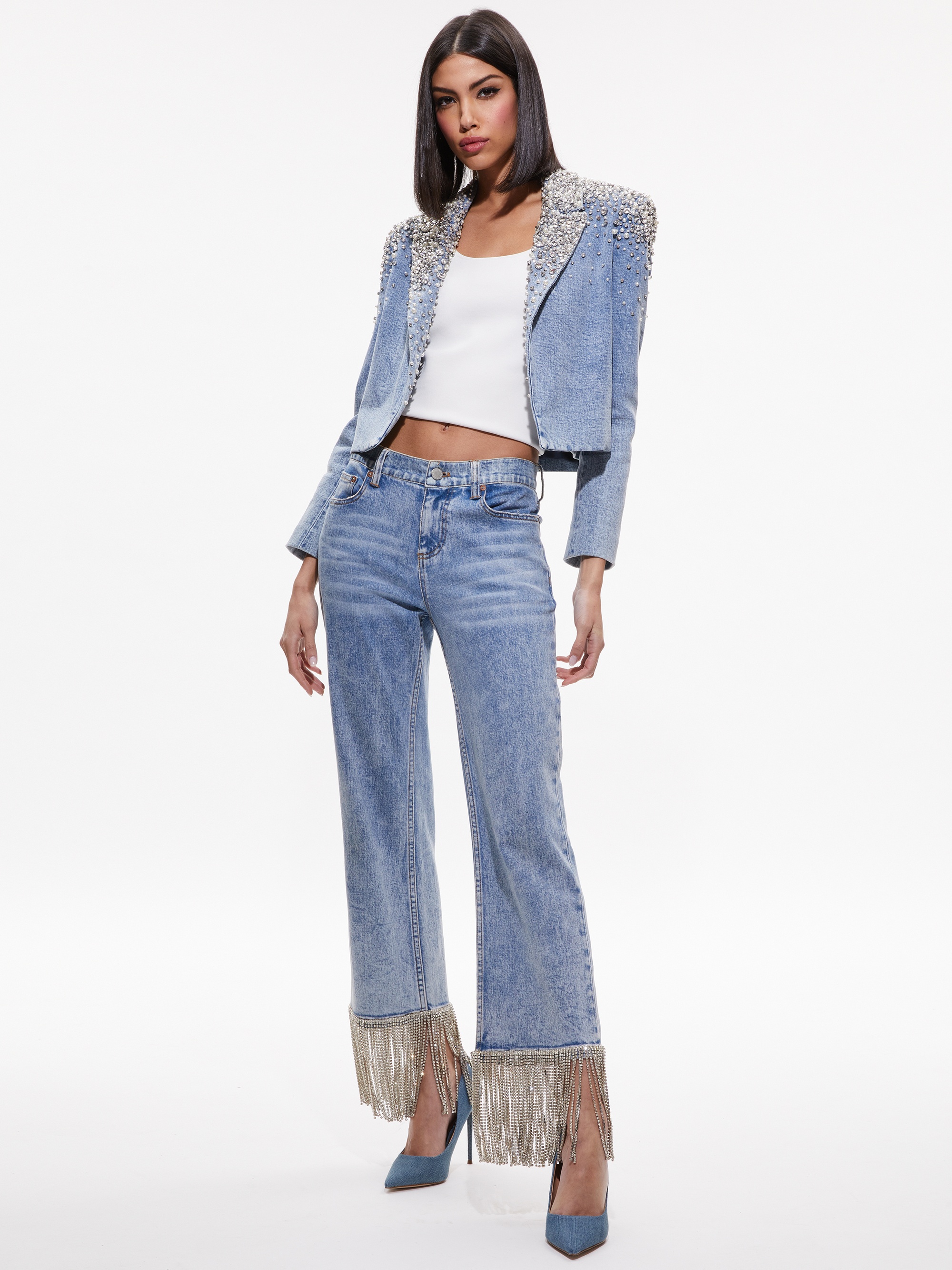 IVAN CRYSTAL EMBELLISHED CROPPED DENIM BLAZER - 3