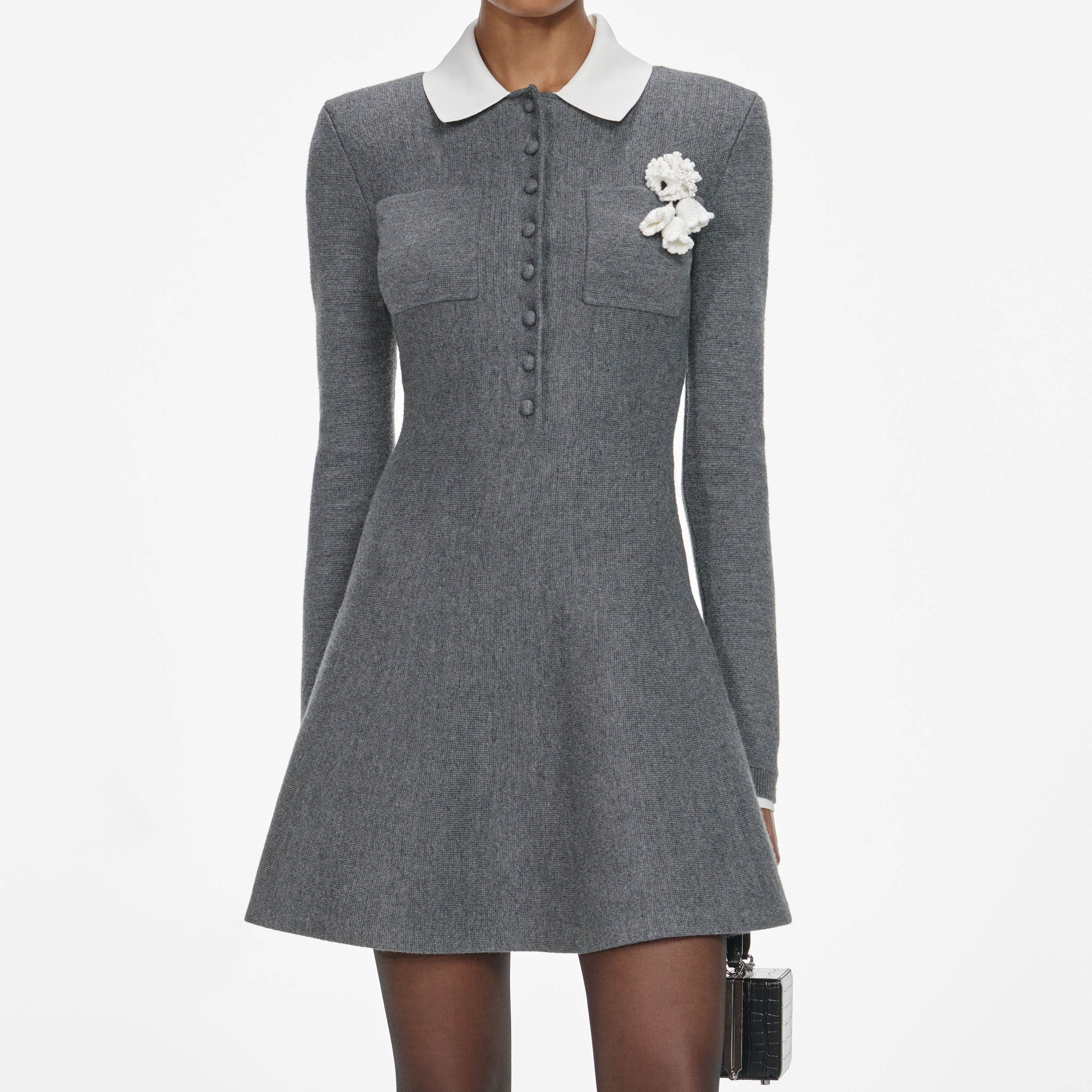 Grey Crochet Flower Collared Knit Mini Dress - 4