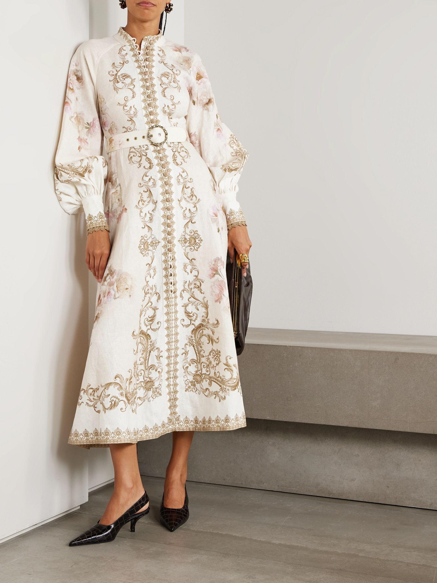 Belted floral-print linen midi dress Cream - 3