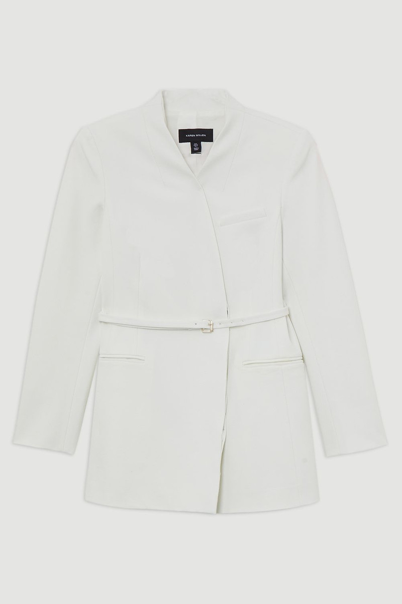 Structured Crepe Tailored Collarless Belted Blazer 4