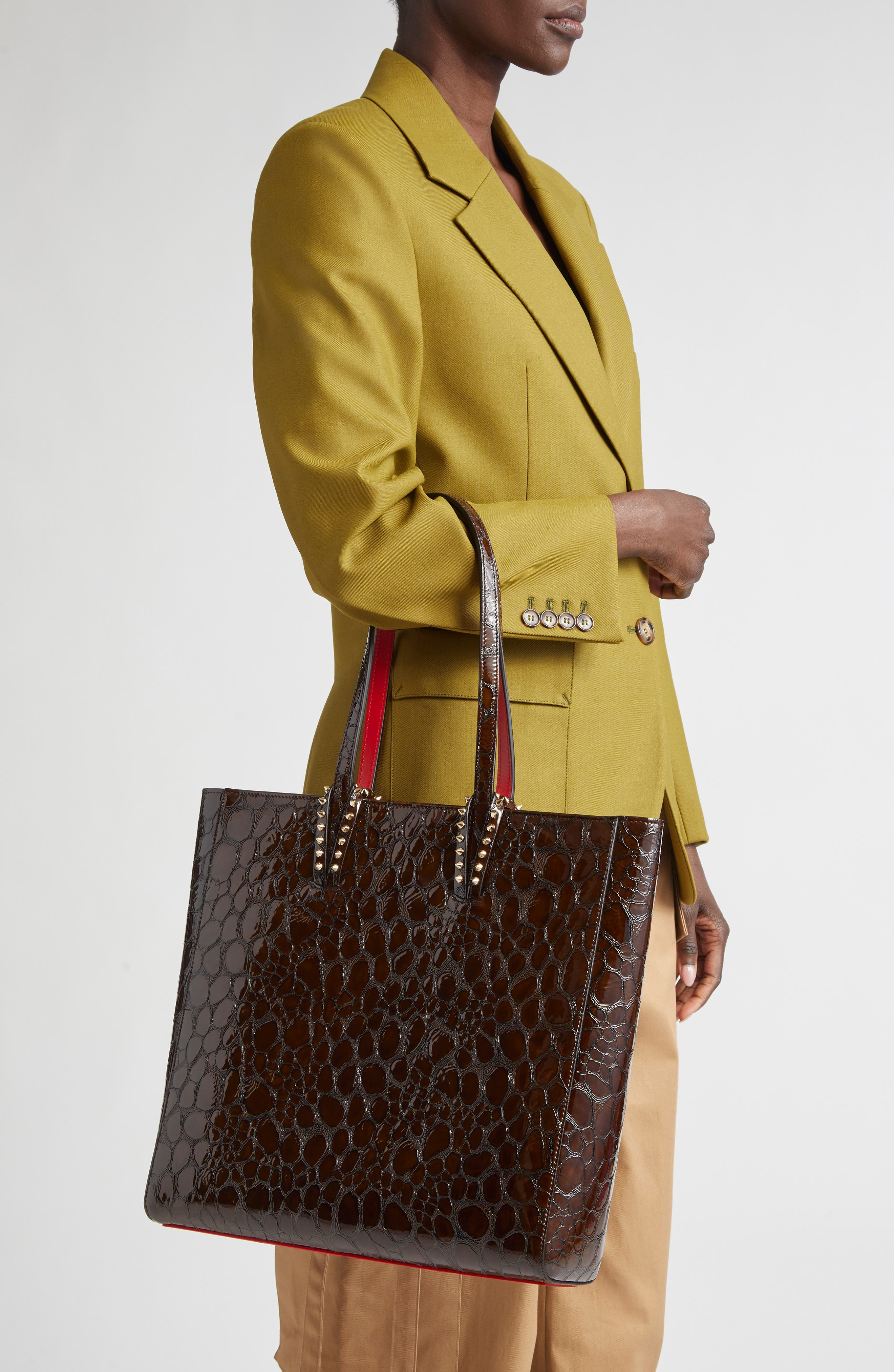 Christian Louboutin Cabata Soft Croc Embossed Leather North/South Tote Bag in Brown/Gold at Nordstro - 3